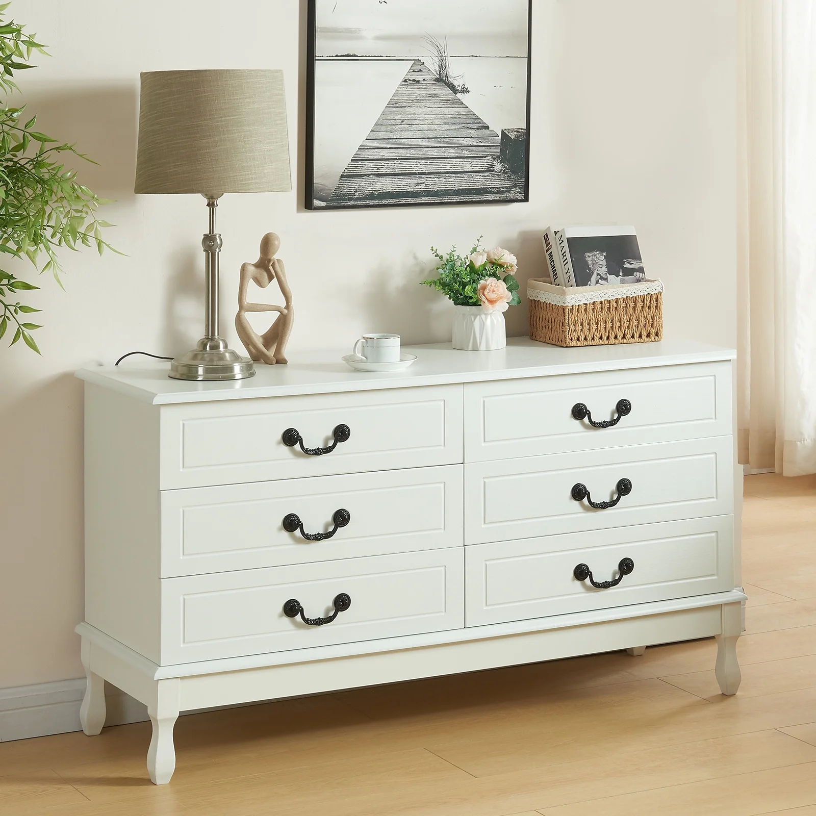 Yamissi 6-Drawer Double Dresser for Bedroom, Modern White Dresser w/ Metal Handles, Chest of Drawers Storage