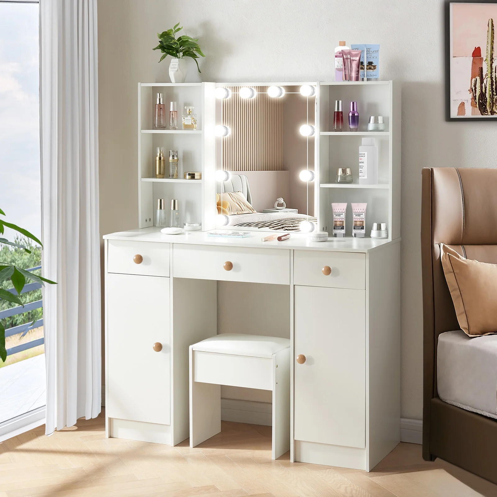 Yamissi Large Vanity Set with Stool, Sliding Mirror & 10 LED Lights, Makeup Dressing Table with 3 Drawers and Cabinets for Bedroom, White
