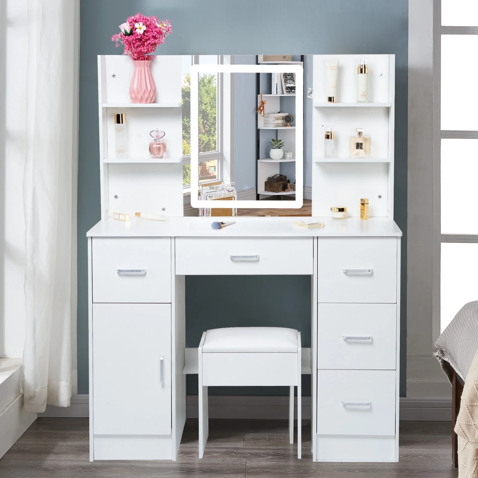 Yamissi Makeup Vanity Desk with Mirror & Led Lights, Vanity Set w/ 5 Drawers & Stool, Dressing Table for Girls Princess, White