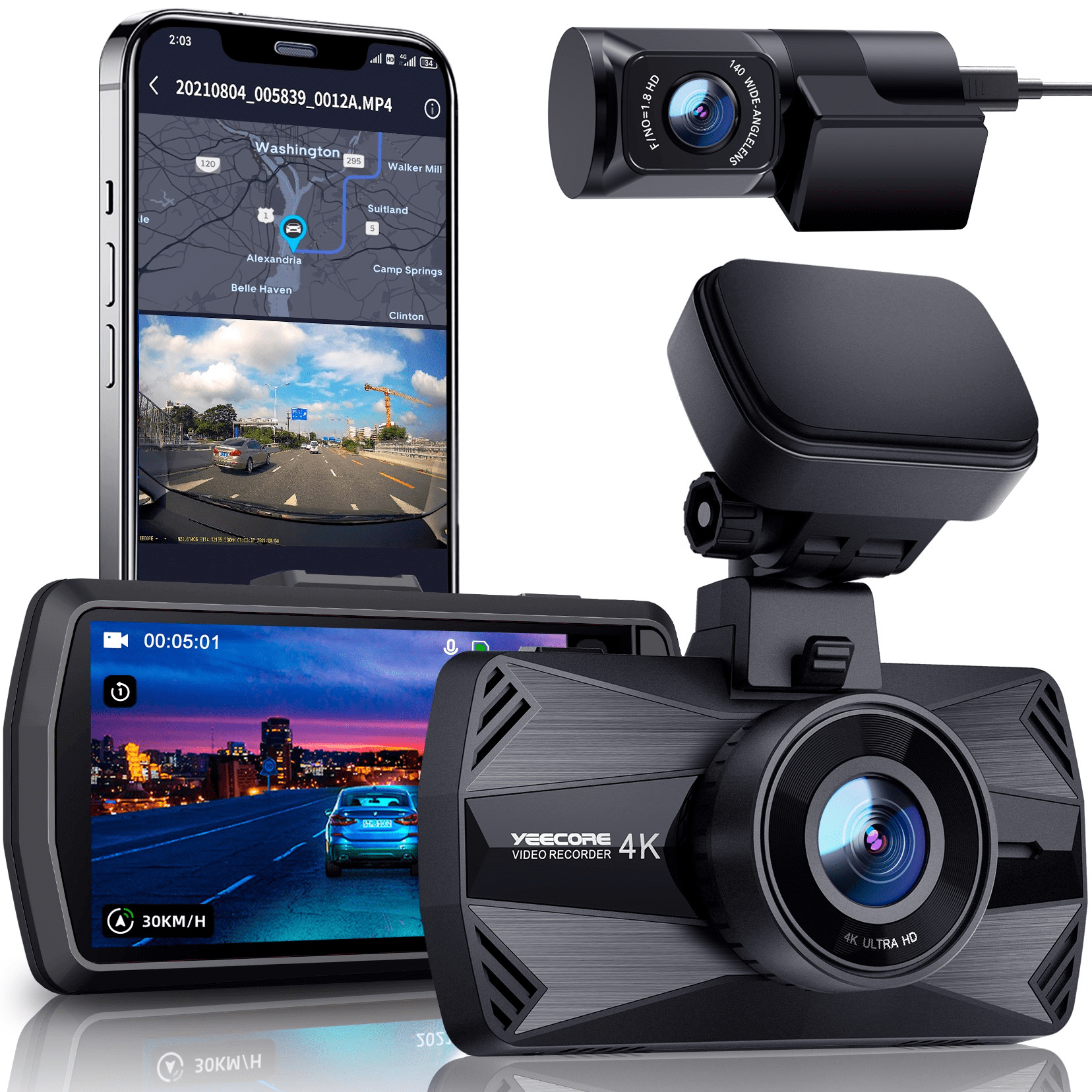 Yeecore 4K Dual Dash Cam 5G WiFi GPS, Real 4K+HDR 1080P Dash Cam Front and Rear, 3" LCD Super Night Vision, Parking Mode, Dash Camera for Cars with App, G-Sensor, Accident Record