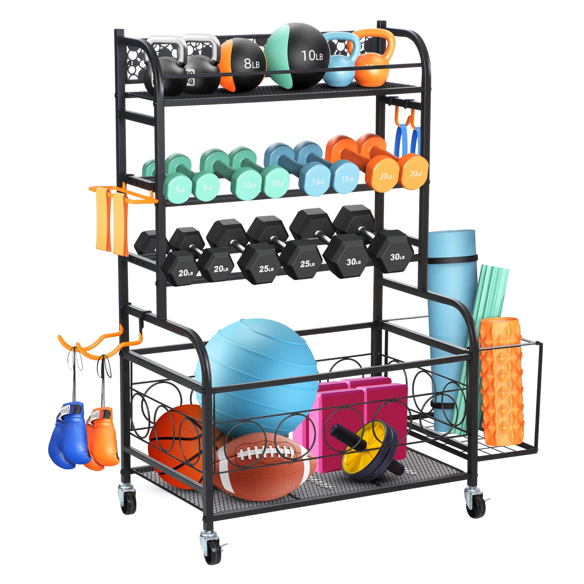 Yexmas Home Gym Storage Rack, All-in-one Weight Rack for Dumbbells, Kettlebells, Yoga Mats, Foam Rollers, Resistance Bands, Workout Equipment Storage Organizer with Hooks and Basket, Black