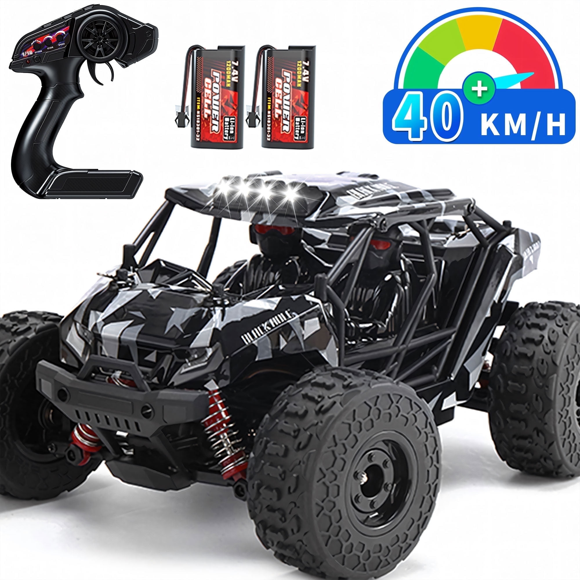 Yexmas RC Car 1:16 Remote Control Car, RC Monster Truck 40+km/h 4WD RC Truck with Lights, 2 Batteries Gifts Toys for Kids and Adults
