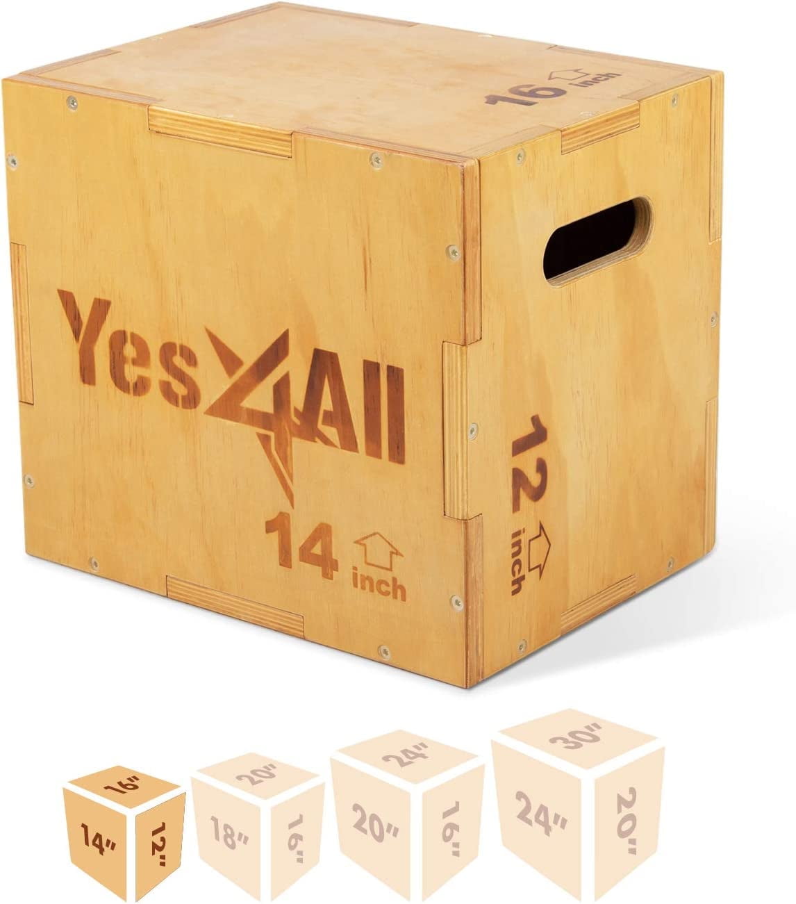 Yes4All Wooden Plyo Box, Holds Up to 450lbs, Versatile Plyometric Jump Box for Home Gym and Outdoor Workouts (16"x14"x12", Natural Wood)
