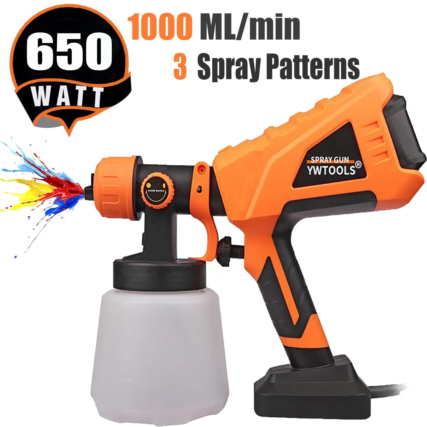 Ywtools Electric Paint Sprayer 650W Spray Gun with 1000ml Large Containers and 3 Spray Patterns for Inside Outside