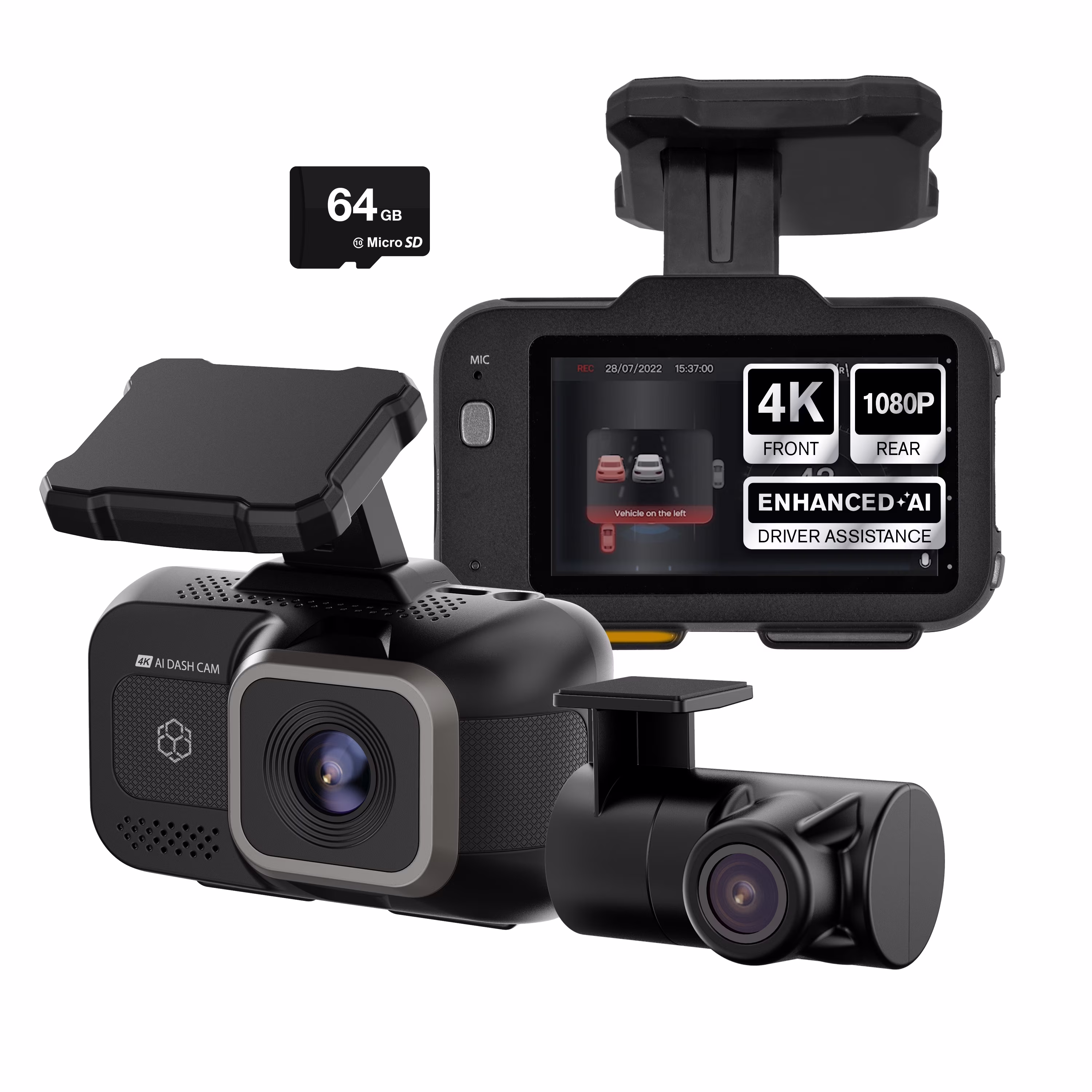 YADA Roadcam AI PLUS, AI-Powered 4K Dash Cam with 1080p Rear Cam, Full-Coverage Driver Assistance