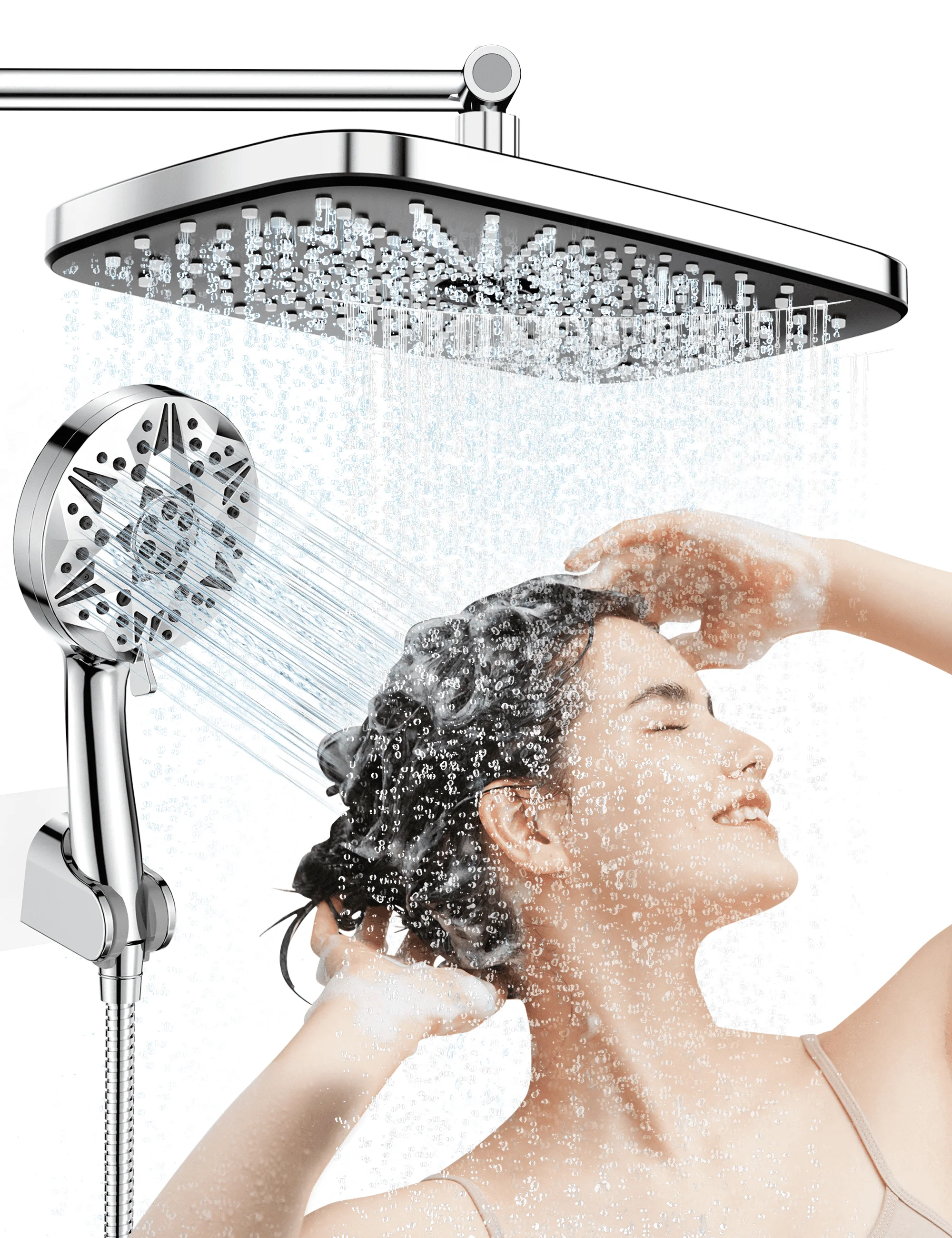 YAHHU 12 inch High Rainfall Showerhead and 10 Settings Pressure Handheld Shower Combo, Stainless Steel Dual Shower Head Set for Bathing