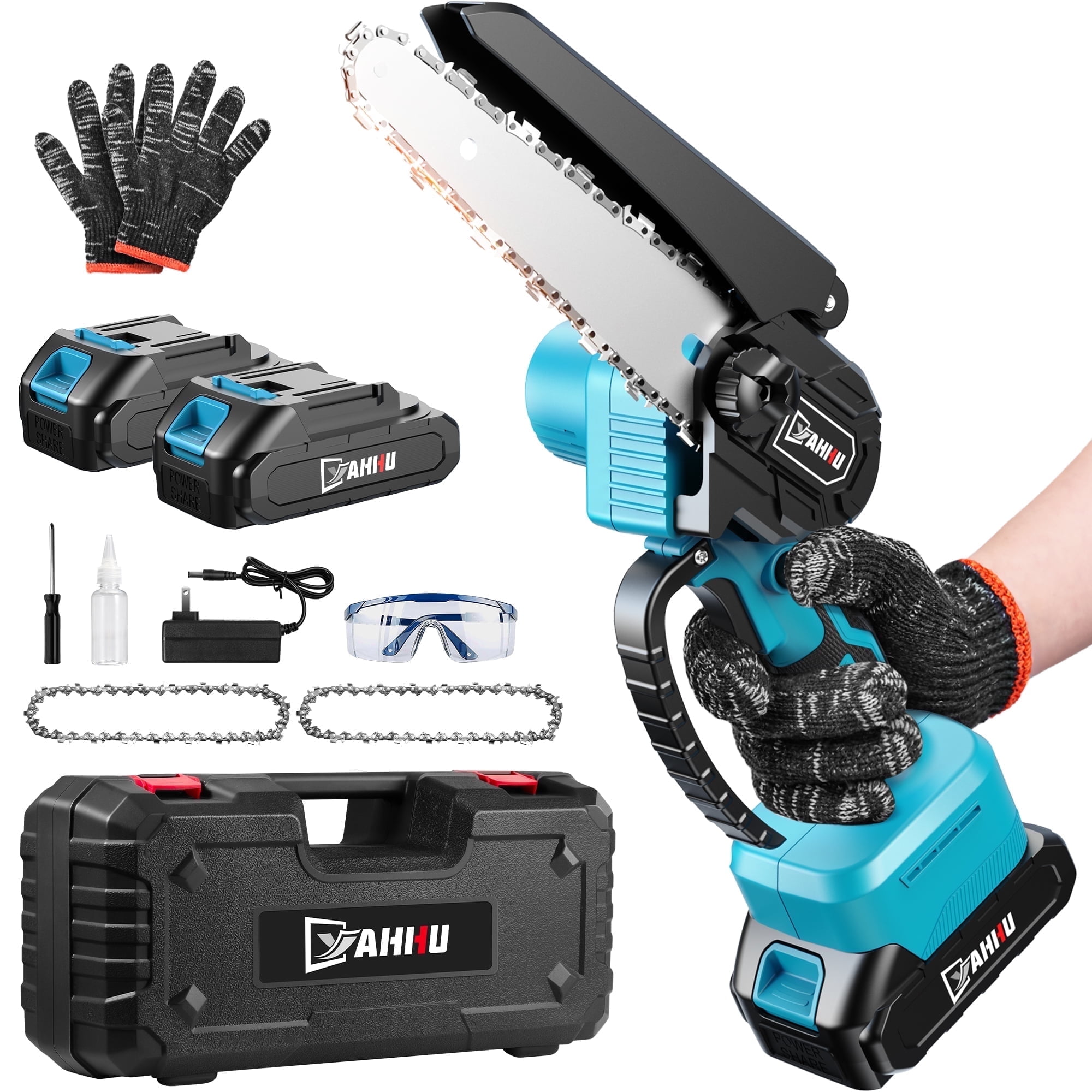YAHHU 6 Inch Mini Cordless Chainsaw, Handheld Electric Chain Saw with 2 Batteries and 2 Chains for Tree Trimming and Wood Cutting