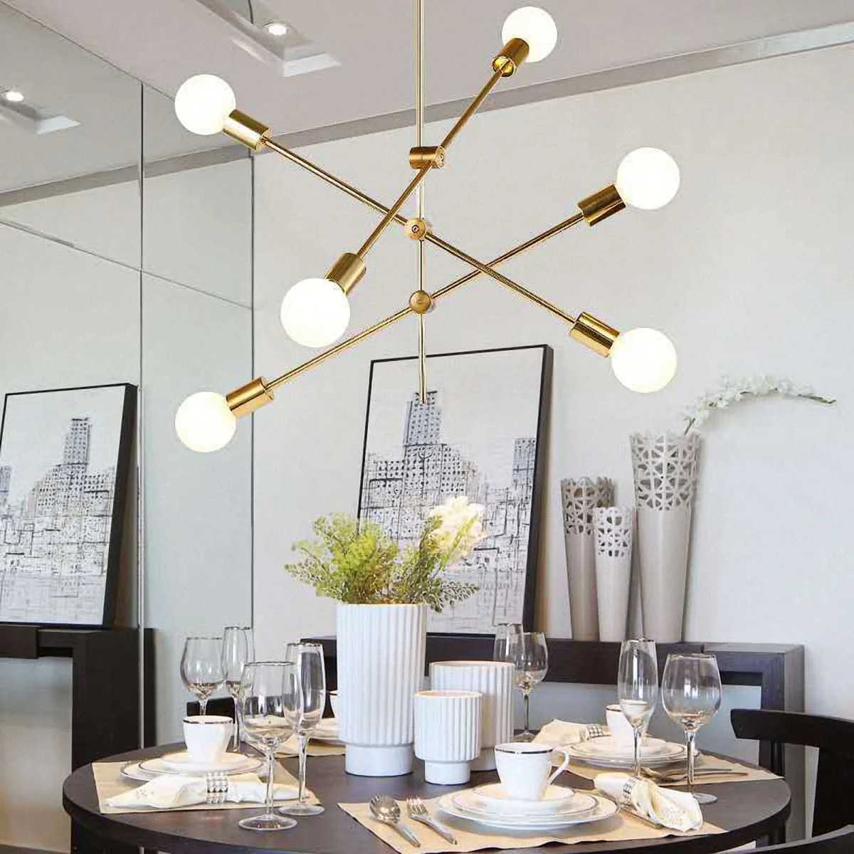 YANSUN 6 Light Sputnik-Inspired Chandelier,Gold Modern Chandelier Pendant Lighting for Kitchen Island Bedroom Living Room