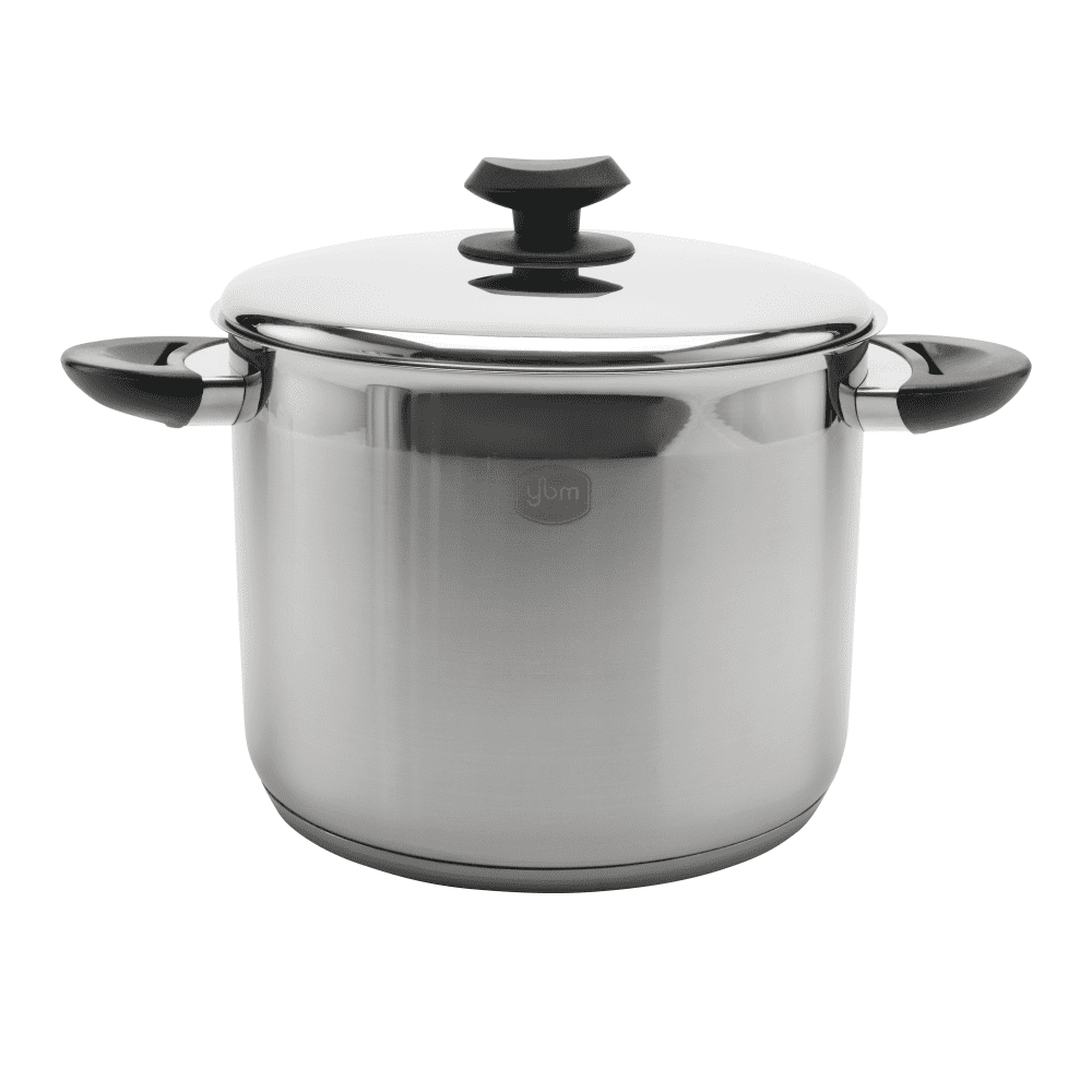 YBM Home Professional Chef’s 18/10 Stainless Steel Stock Pot Covered Tri-Ply Capsule Base With Bakelite Handle, Terrific Mirror Silver, Induction Compatible, 7 Quart - Black