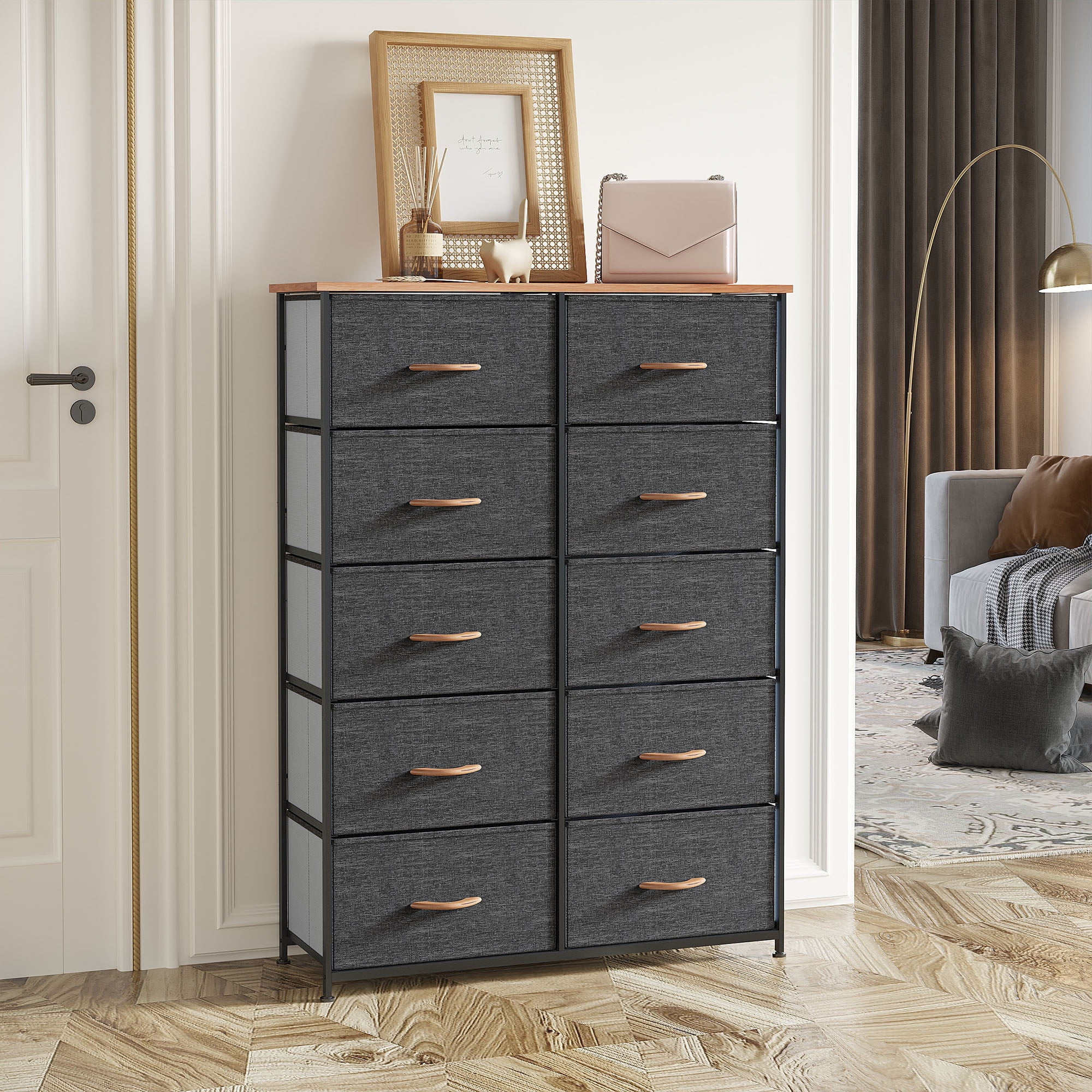 YITAHOME 10-Drawer Fabric Dresser with Wooden Top, Steel Frame, Dark Gray – Adult Storage Organizer