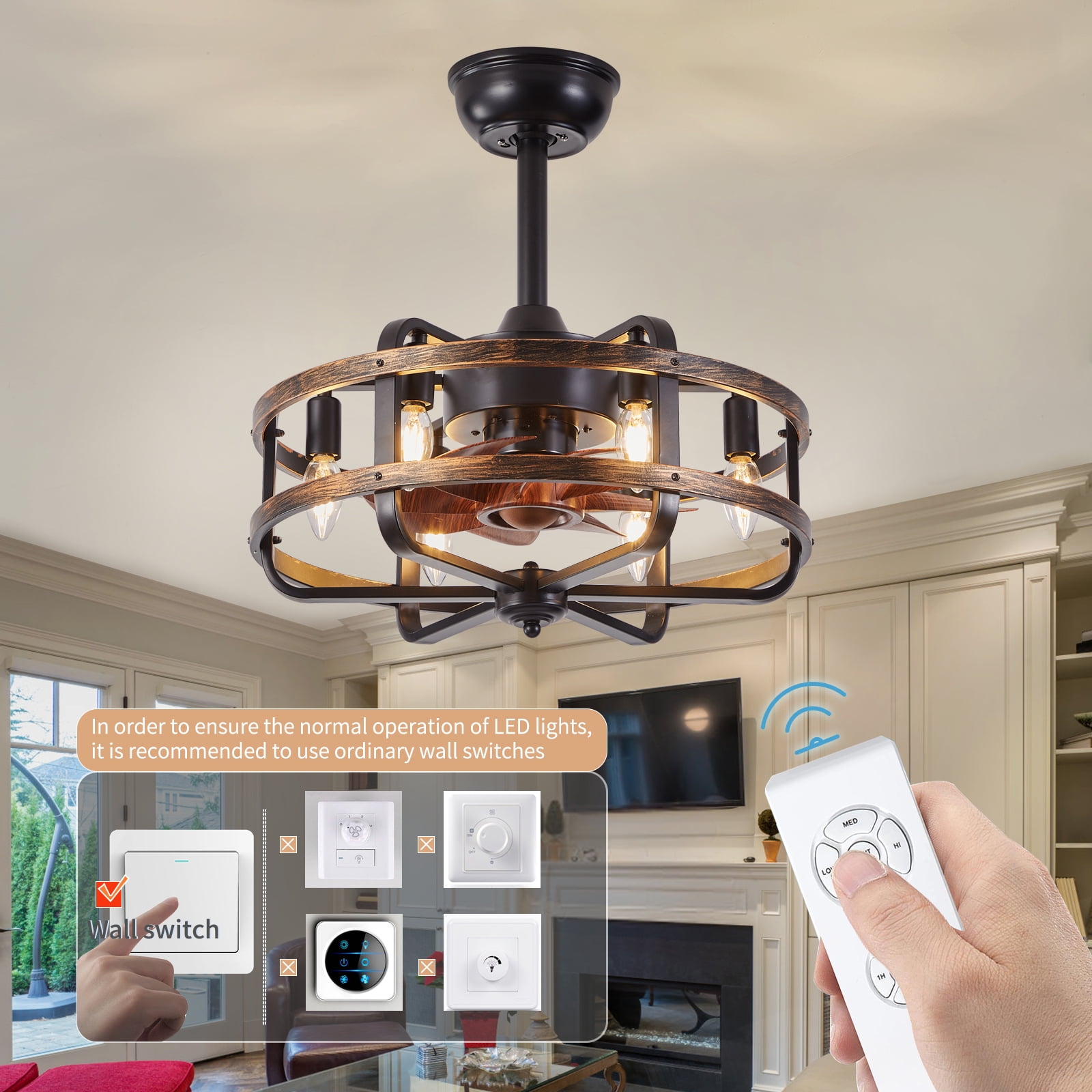 YOAIDUN Farmhouse Ceiling Fans with Light 3 Speeds Reversible Ceiling Fan Remote Control Timing Flush Mount Low Profile Vintage Ceiling Fan with Lights Bedroom Kitchen 6* E12 Bulb