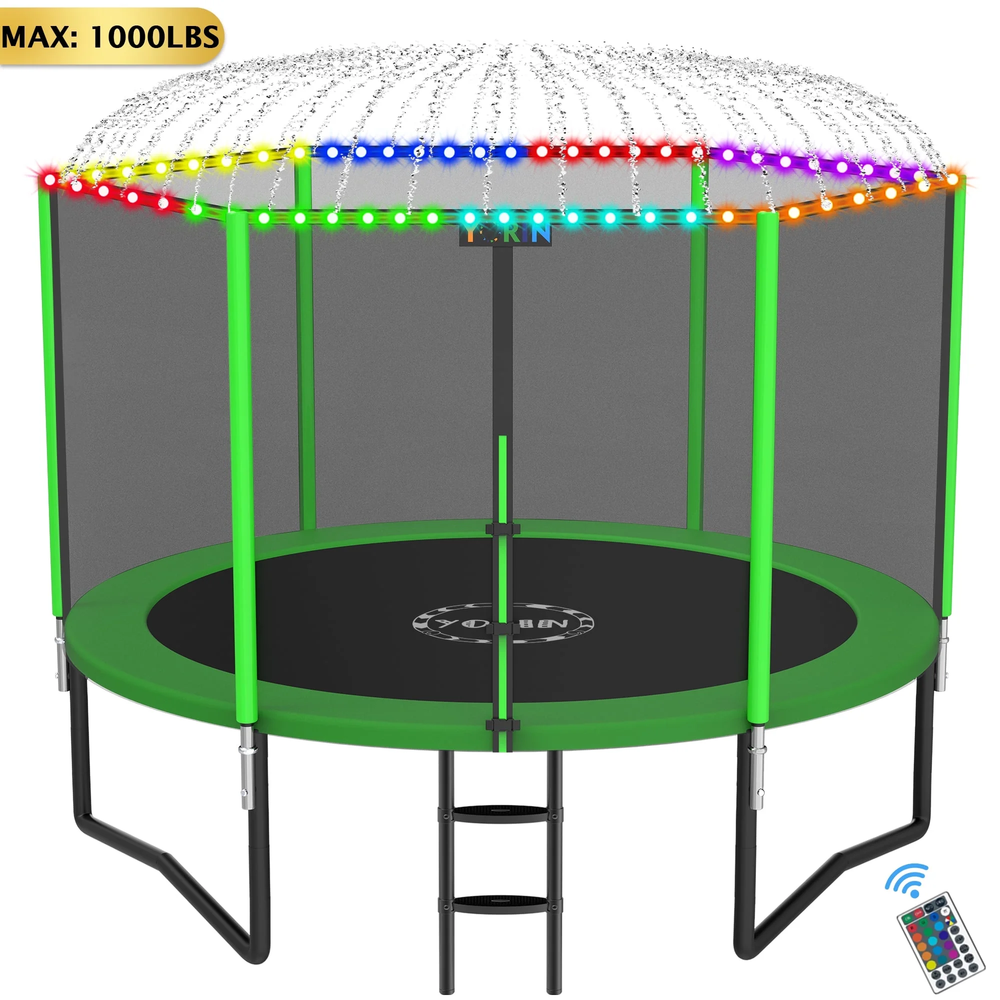 YORIN 10FT 8FT 12FT 14FT Trampoline with Enclusore Net, Sprinkler & LED Lights, 1000LBS Capacity Outdoor Trampoline for 3-4 Kids, Safety Enclosure Net, Ladder, Heavy-Duty Backyard Round Trampoline