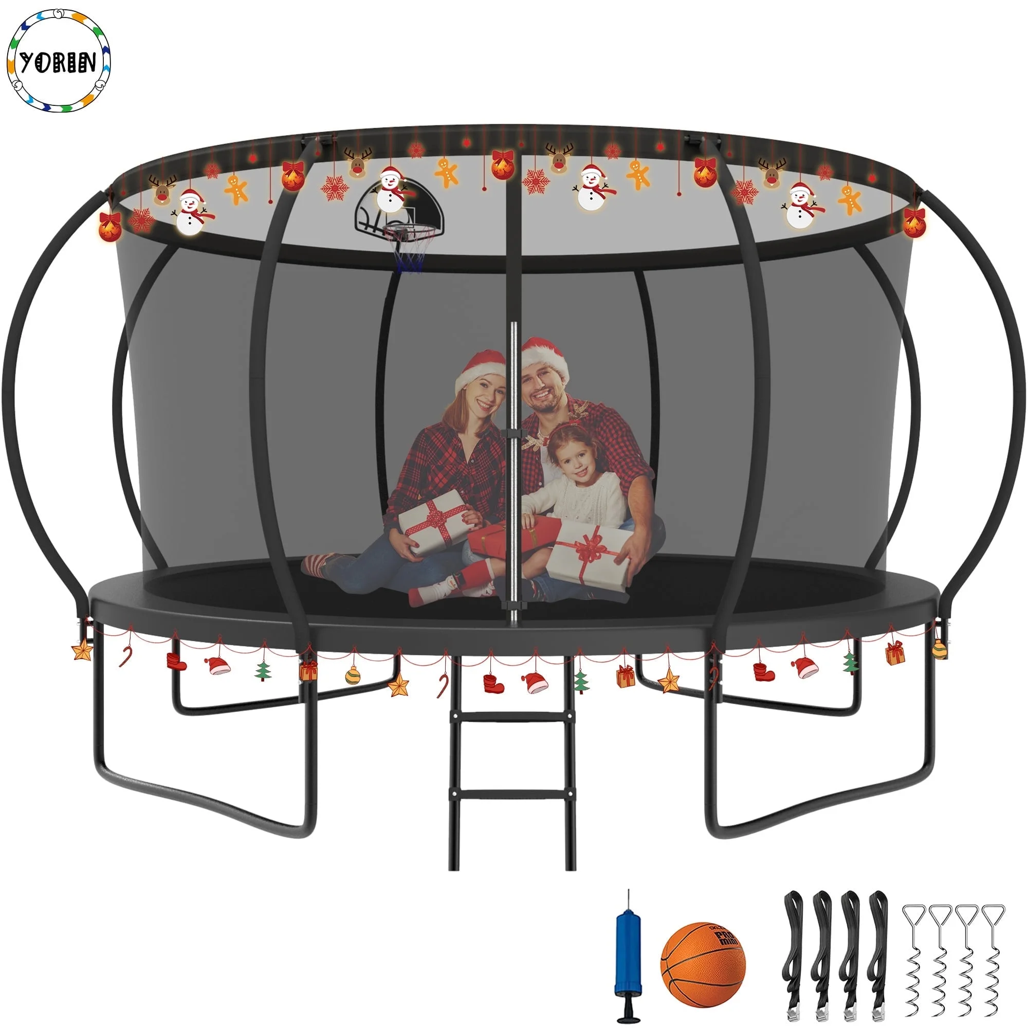YORIN Trampoline for 5-6 Kids, 12 FT Trampoline for Adults with Enclosure Net, Basketball Hoop, Ladder, 1200LBS Weight Capacity Outdoor Recreational Trampoline, Heavy Duty Trampoline