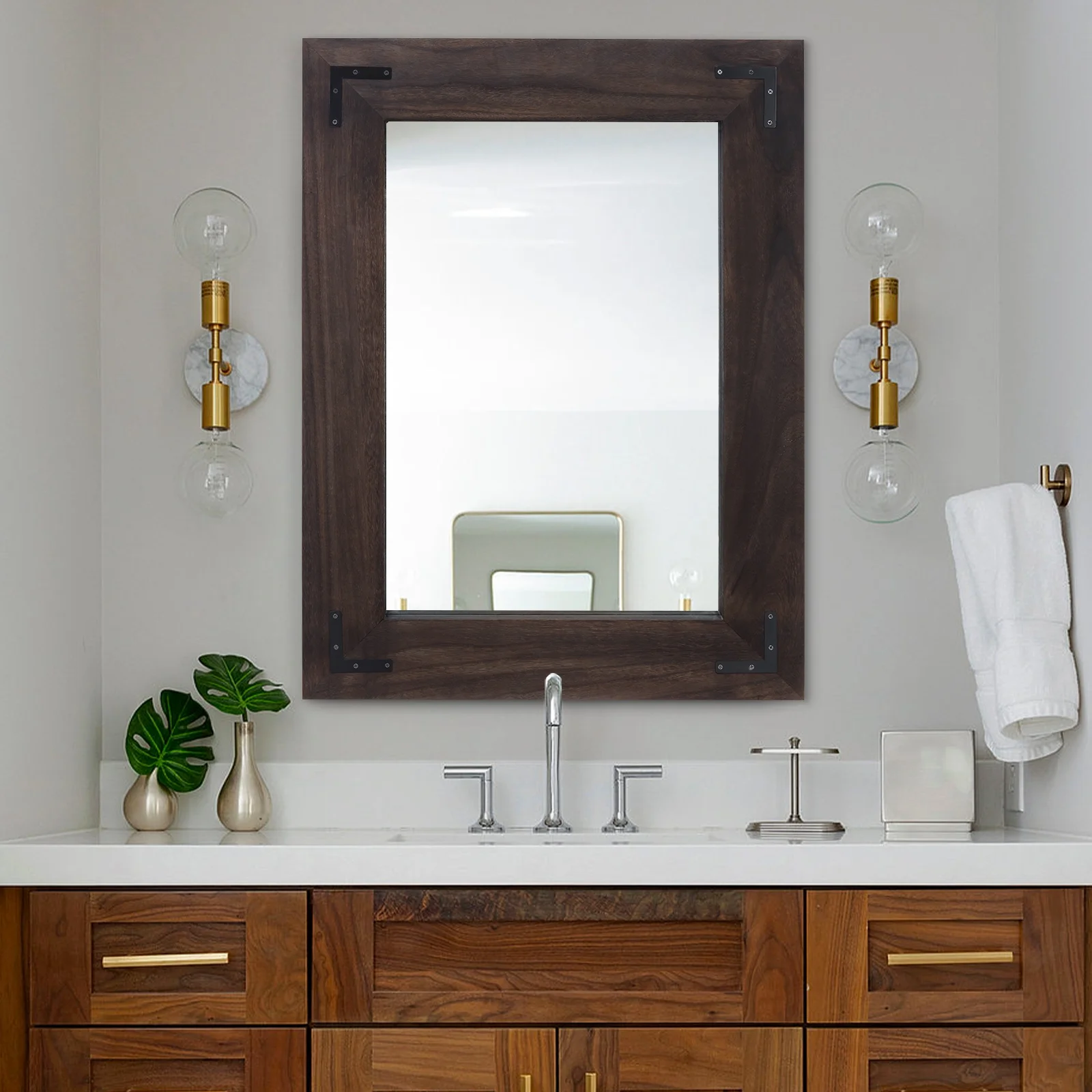 YOSHOOT Rustic Wooden Framed Wall Mirror,Decorative Wood Wall Mirror for Living Room or Bathroom Vanity,Rectangle Hanging Mirror Home Wall DecorBlack-26x18