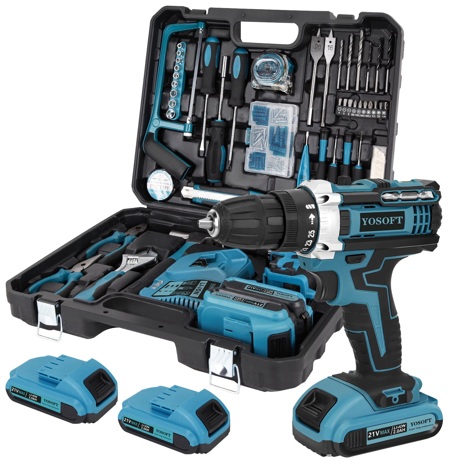 YOSOFT 21V Cordless Drill Set,119 Piece Power Tool Combo Kits,25+1Torque Setting with 2x2.0Ah Battery for Professional Garden Office Home Repair Maintain