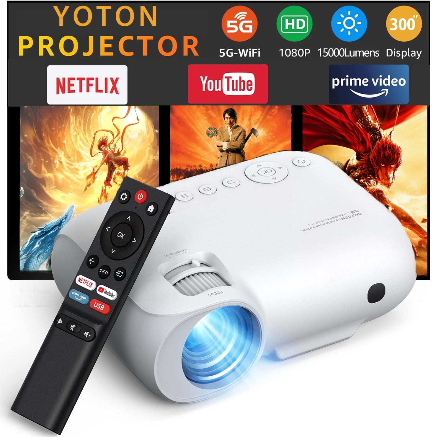 YOTON 4K HD Smart Video Projector with 5G Wi-Fi and Bluetooth, Native 1080P, 450 ANSI, Up to 300" Screen with Built-in Streaming Apps