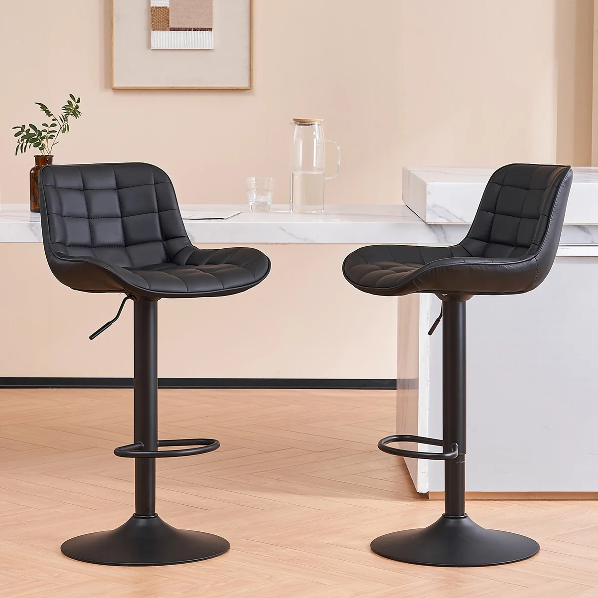YOUNIKE Bar Stools with Soft Cushion Set of 2 Adjustable Swivel Bar Chairs Counter Stools,Square Grid Black