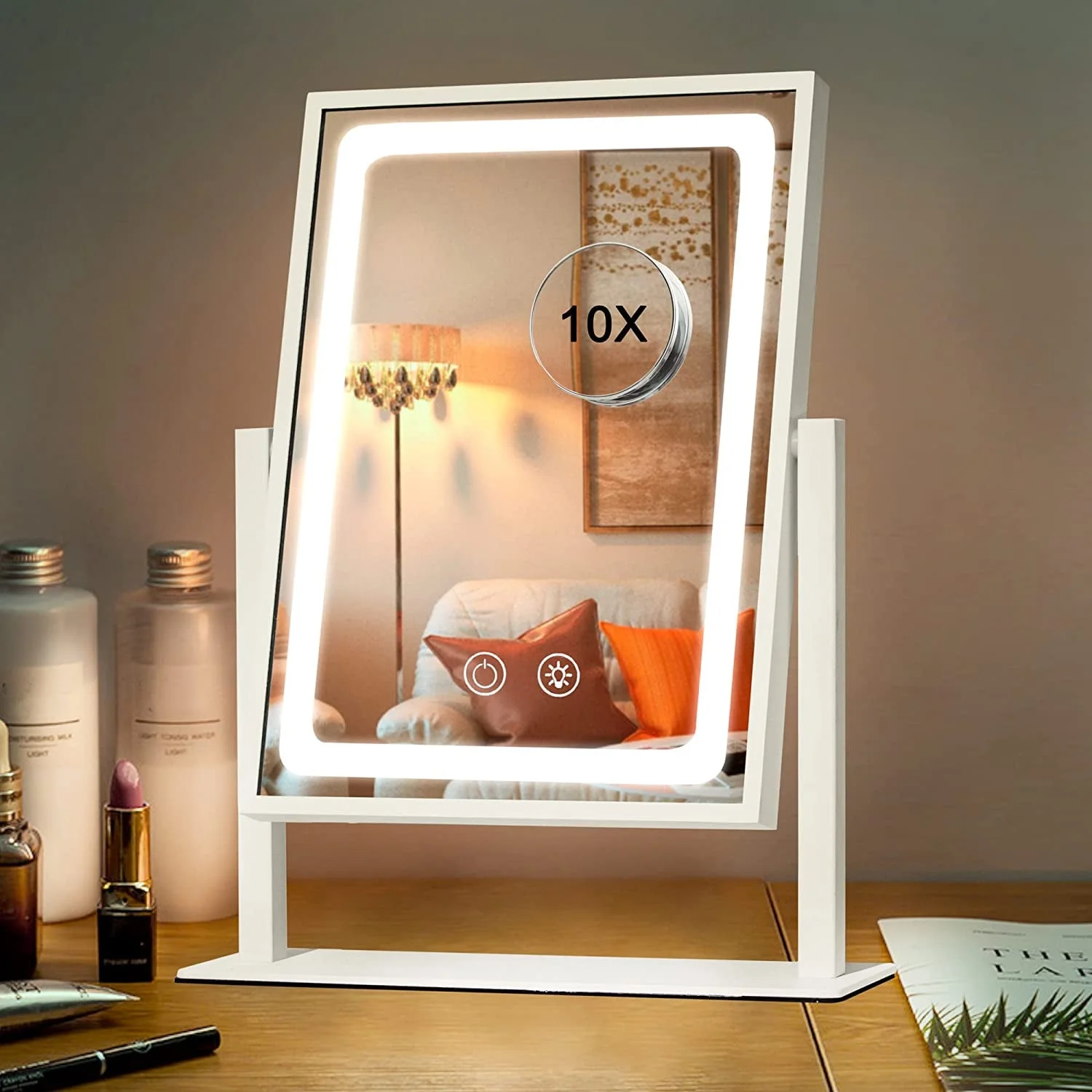YUOY Vanity Mirror with LED Lights and 10x Magnifying Mirror, Tabletop Lighted Makeup Mirror, Extra Large 18.8"*14.4", White Metal