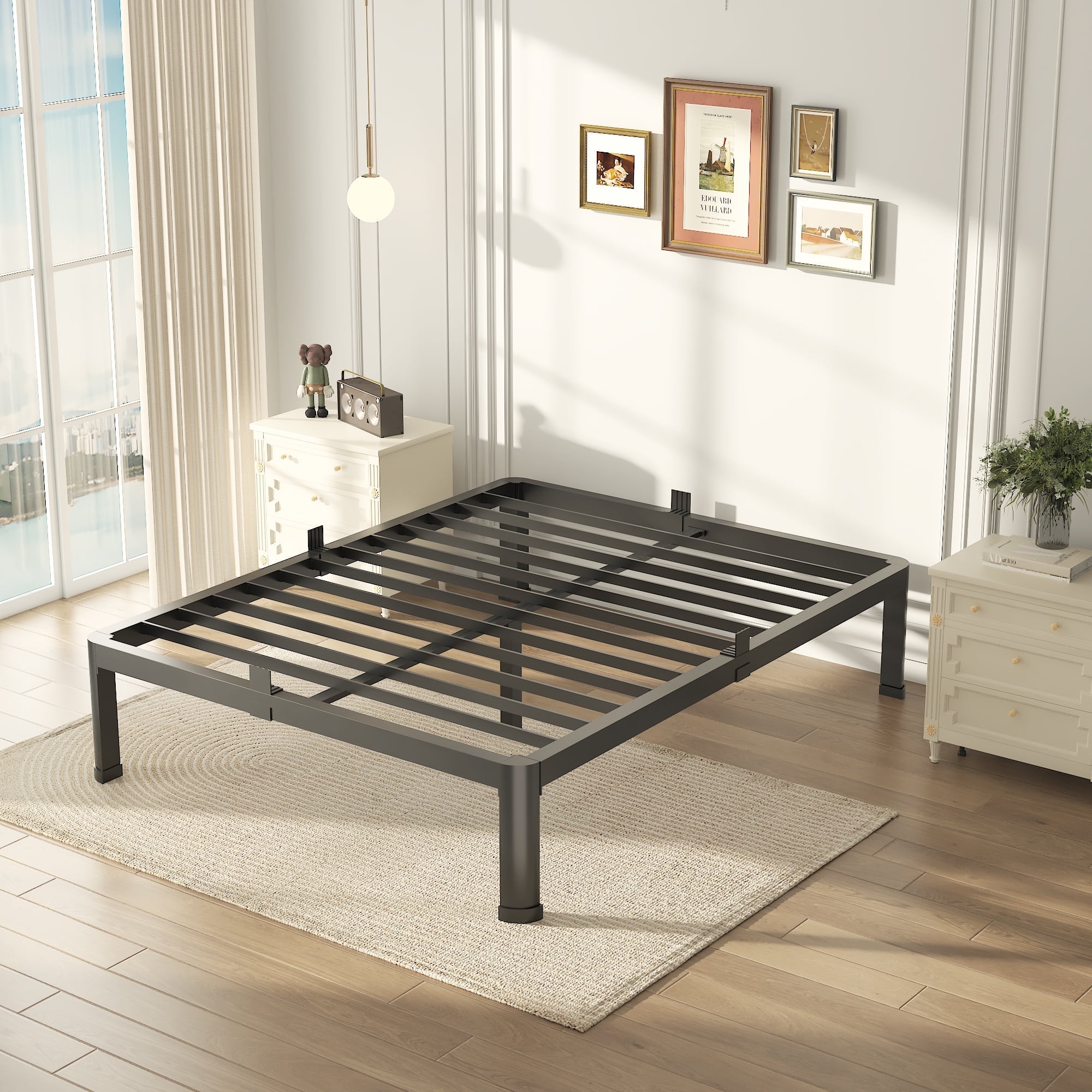 Yitong angel 14 inch queen bed frame with round corner edge, Heavy duty metal platform queen Size, No Box Spring Needed,Black