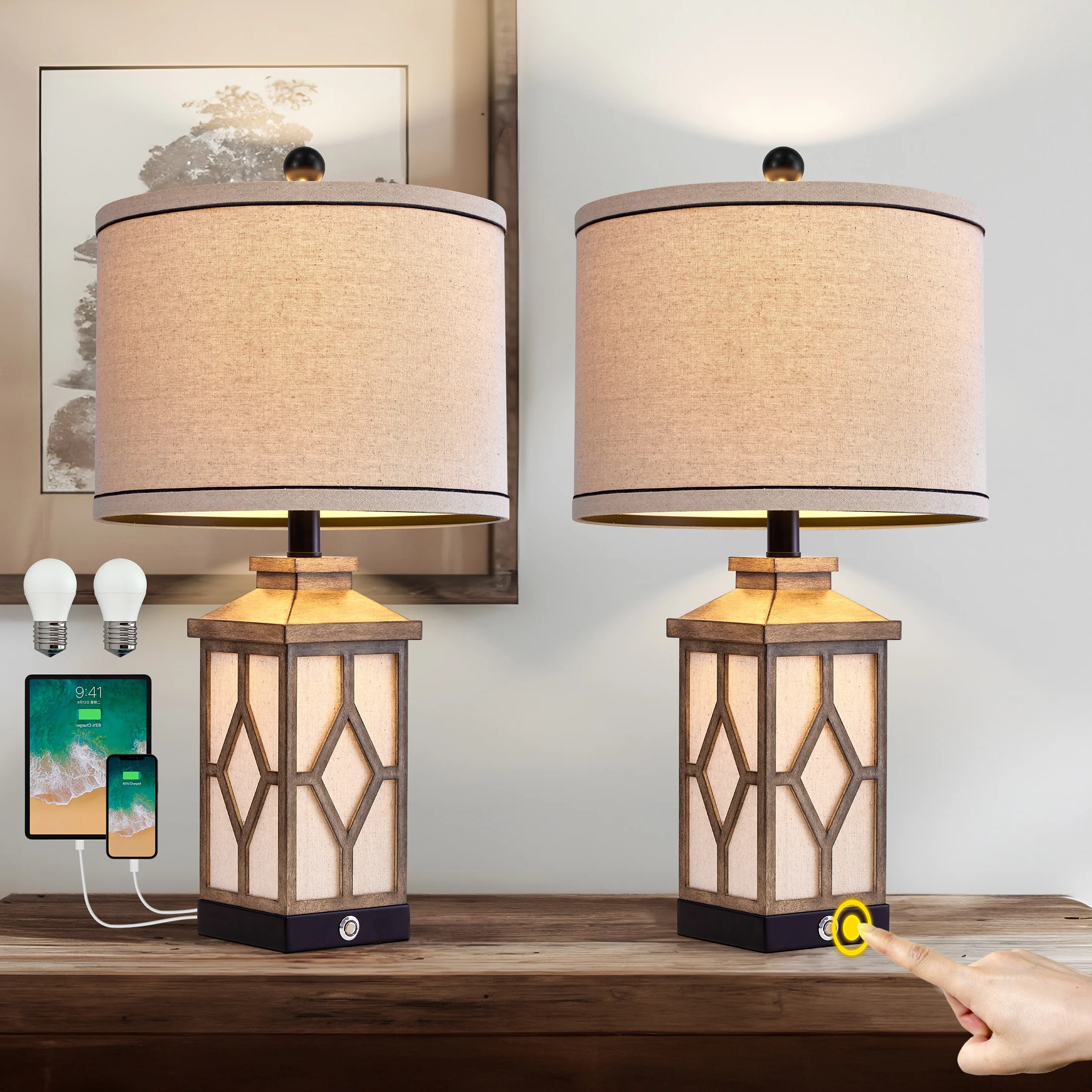 Yokila 23.5'' Touch Control Table Lamp Set of 2 with USB Ports 3-Way Dimmable Farmhouse Plastic Bedside Nightstand Lamps for Living Room Bedroom(2 Bulbs Included)