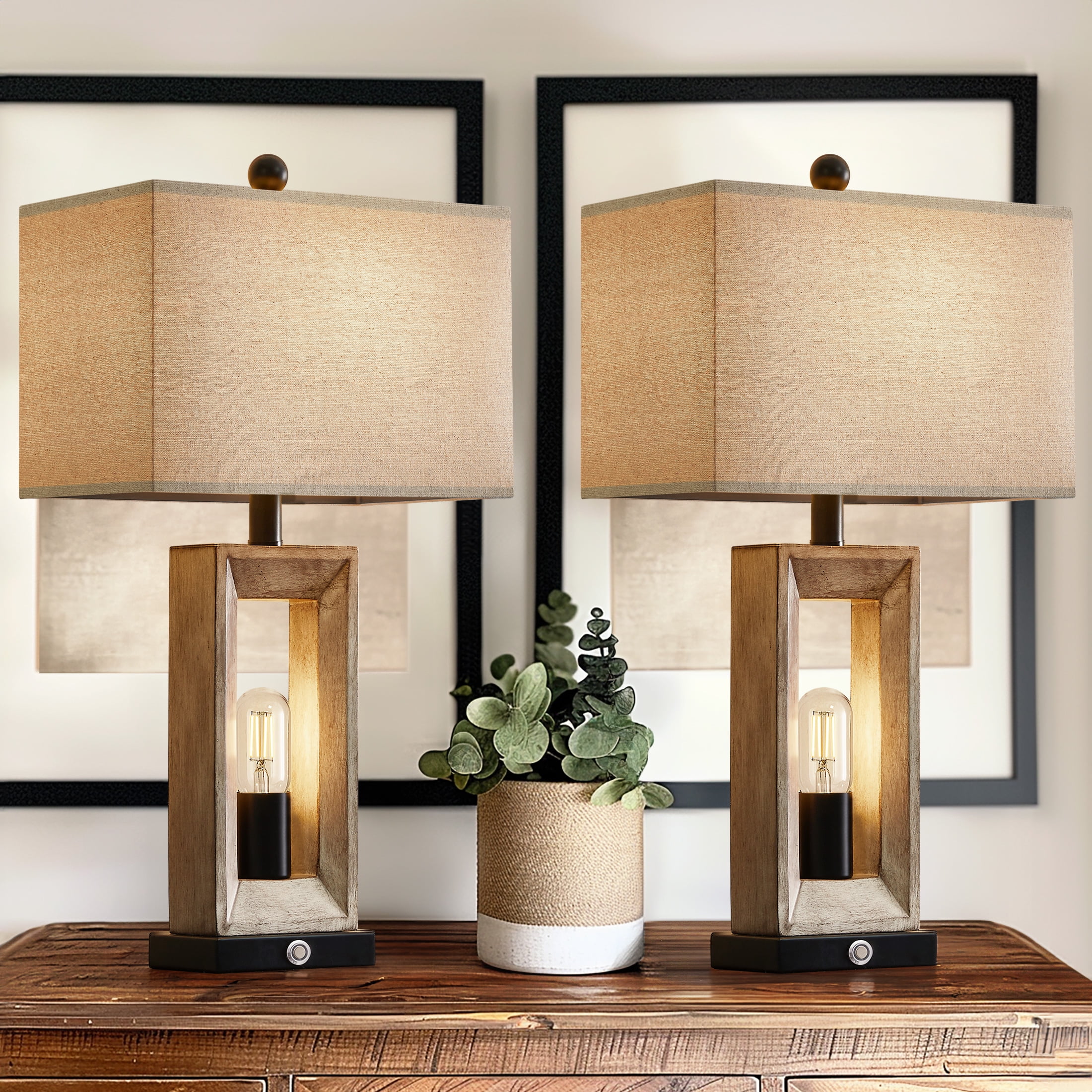 Yokila 3 Way Dimmable Touch Table Lamp Set of 2 with USB Ports for Living Room Bedroom 25" Retro Resin Bedside Nightstands Lamps(4 Bulbs Included)