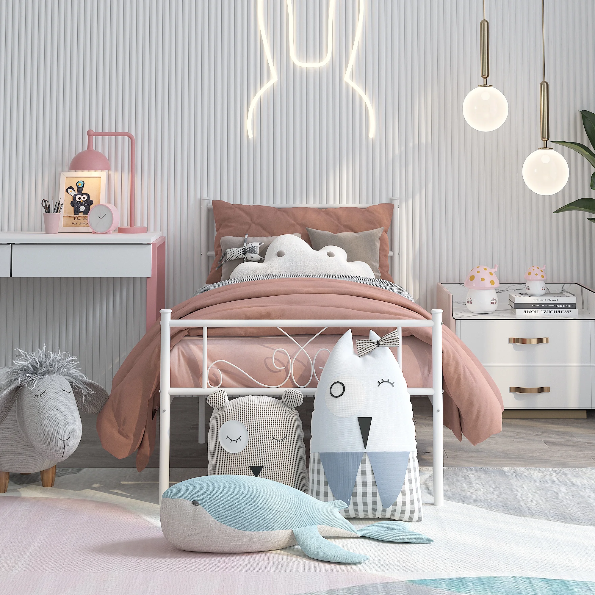 Yoneston Easy Set-up Kids Metal Bed Frame Platform Mattress Foundation with Headboard for Girls, Twin, White