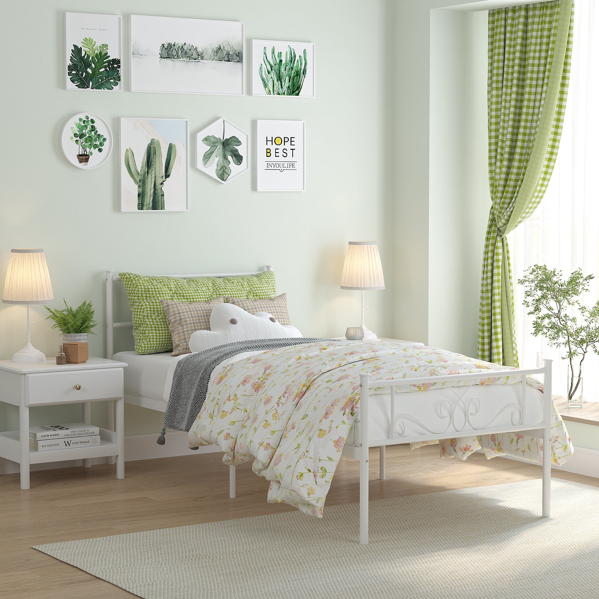 Yoneston Easy Set-up Premium Metal Bed, Platform Bed No Box Spring with Headboard and Footboard, Twin, White