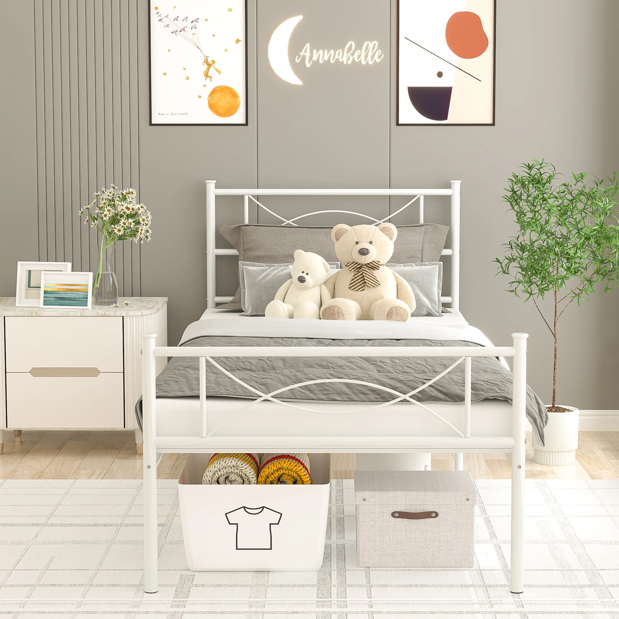 Yoneston Easy Set-up Premium Metal Bed, Platform Box Spring with Headboard Footboard