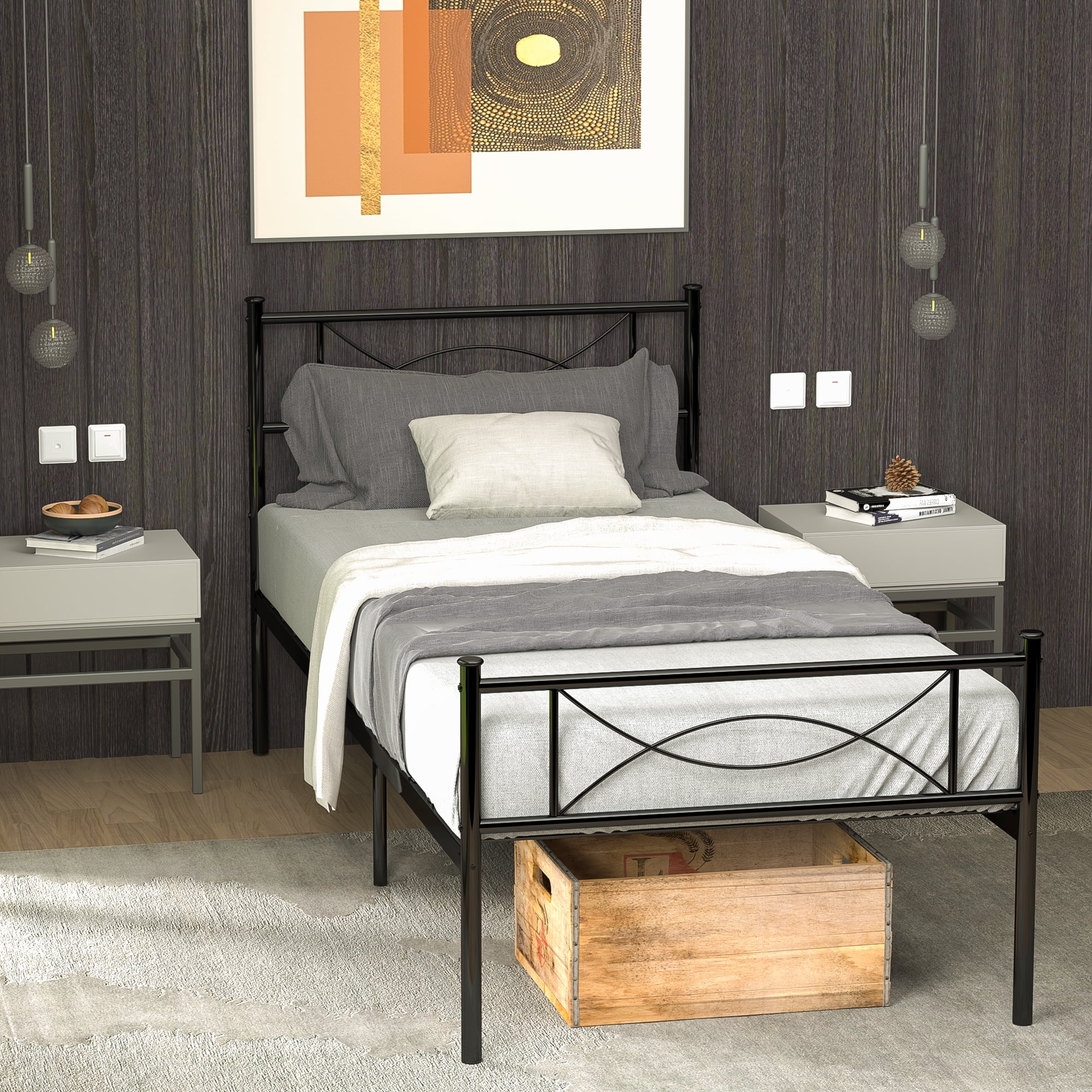 Yoneston Metal Bed Frame Mattress Foundation with Headboard and Footboard, Twin, Black