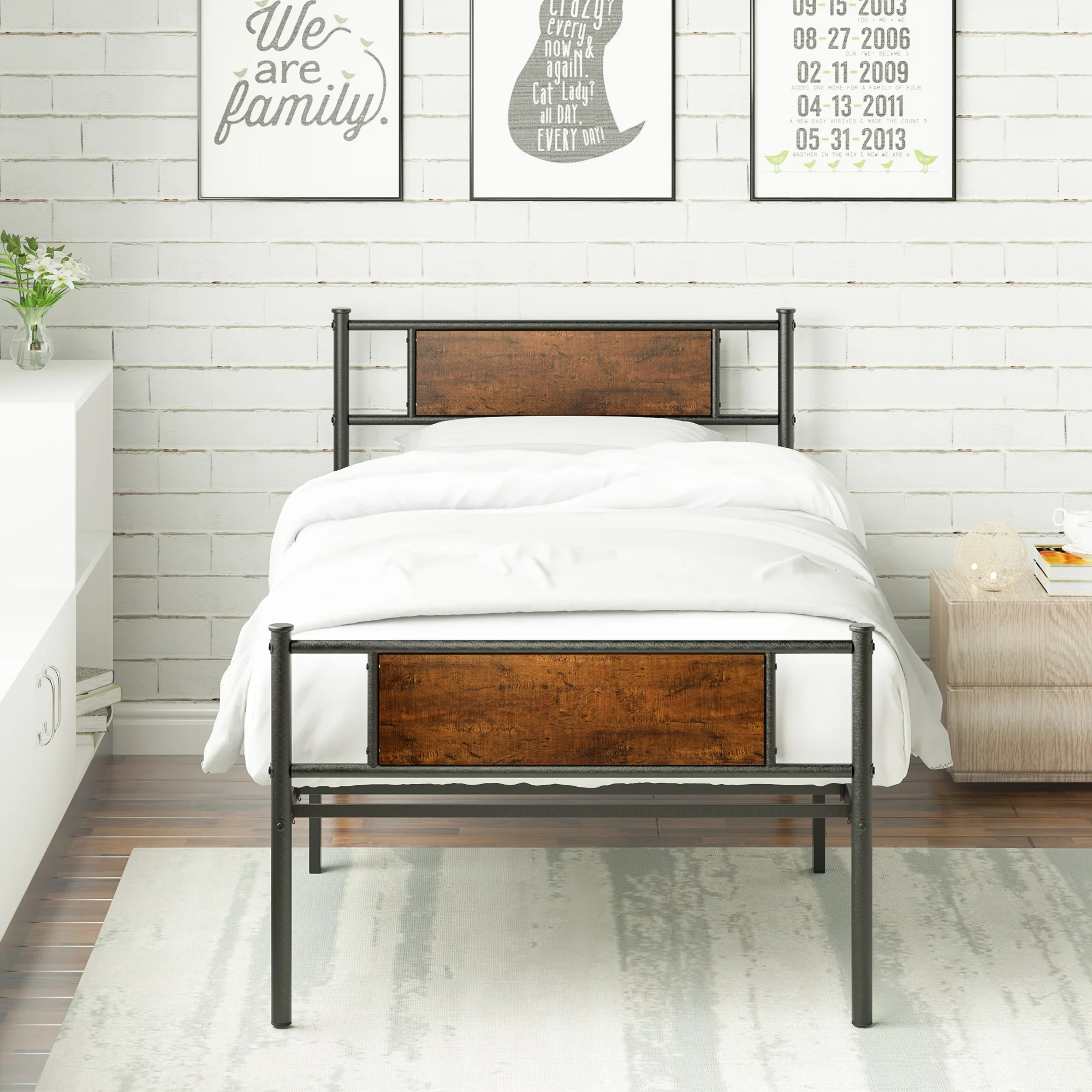 Yoneston Metal Twin Bed Frame with Wood Headboard, Retro Single Platform Bed for Kids, Easy Assembly
