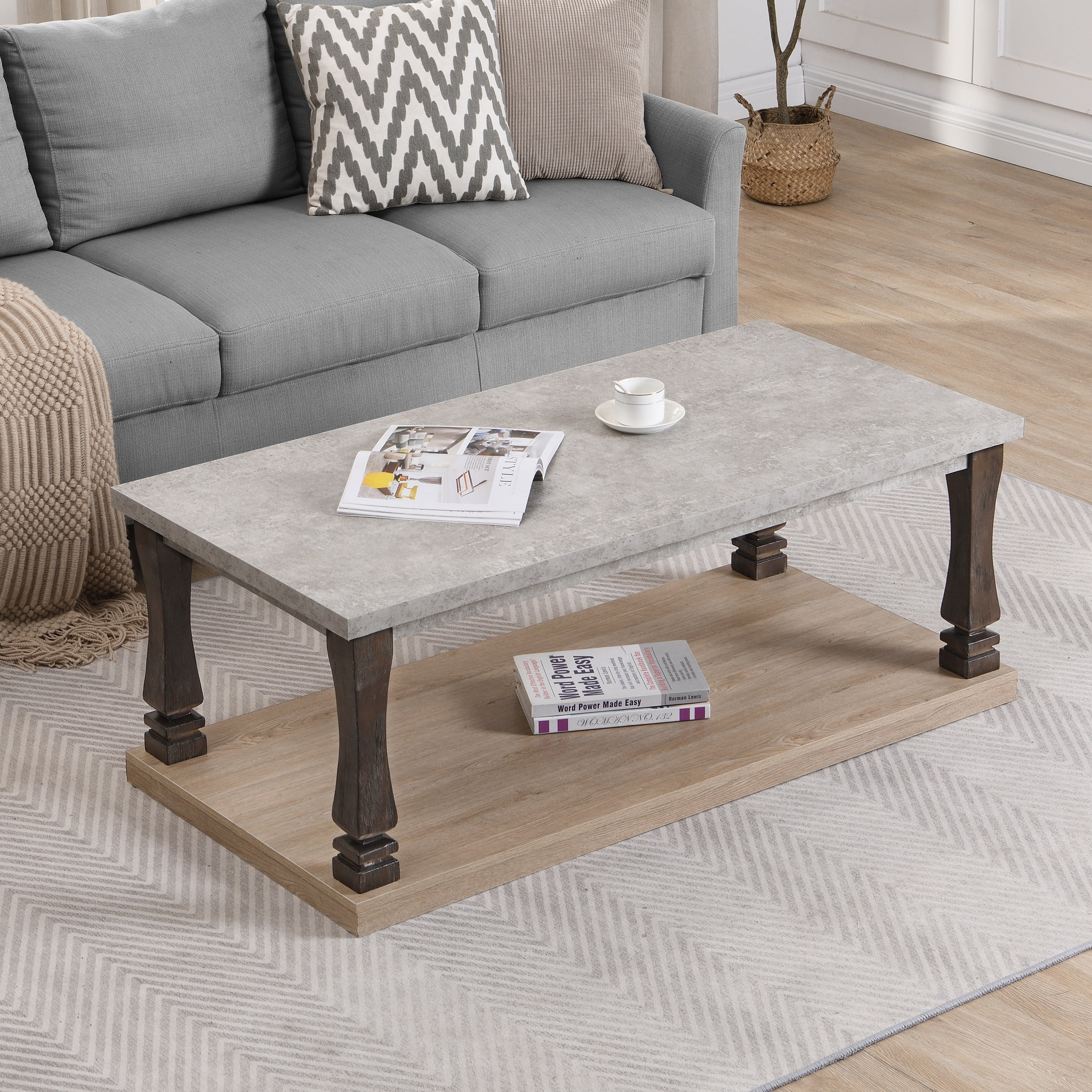 Yoneston Mid-Century Rectangle Coffee Table with 2-Tier Storage Shelf, Wooden Accent Center Table End Table for Living Room Home, Gray