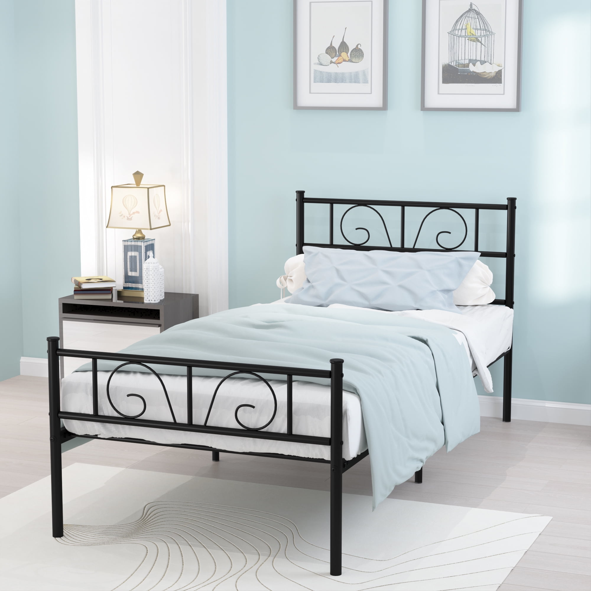Yoneston Platform Metal Bed Frame Foundation Headboard Bedroom Furniture Twin Size - Black