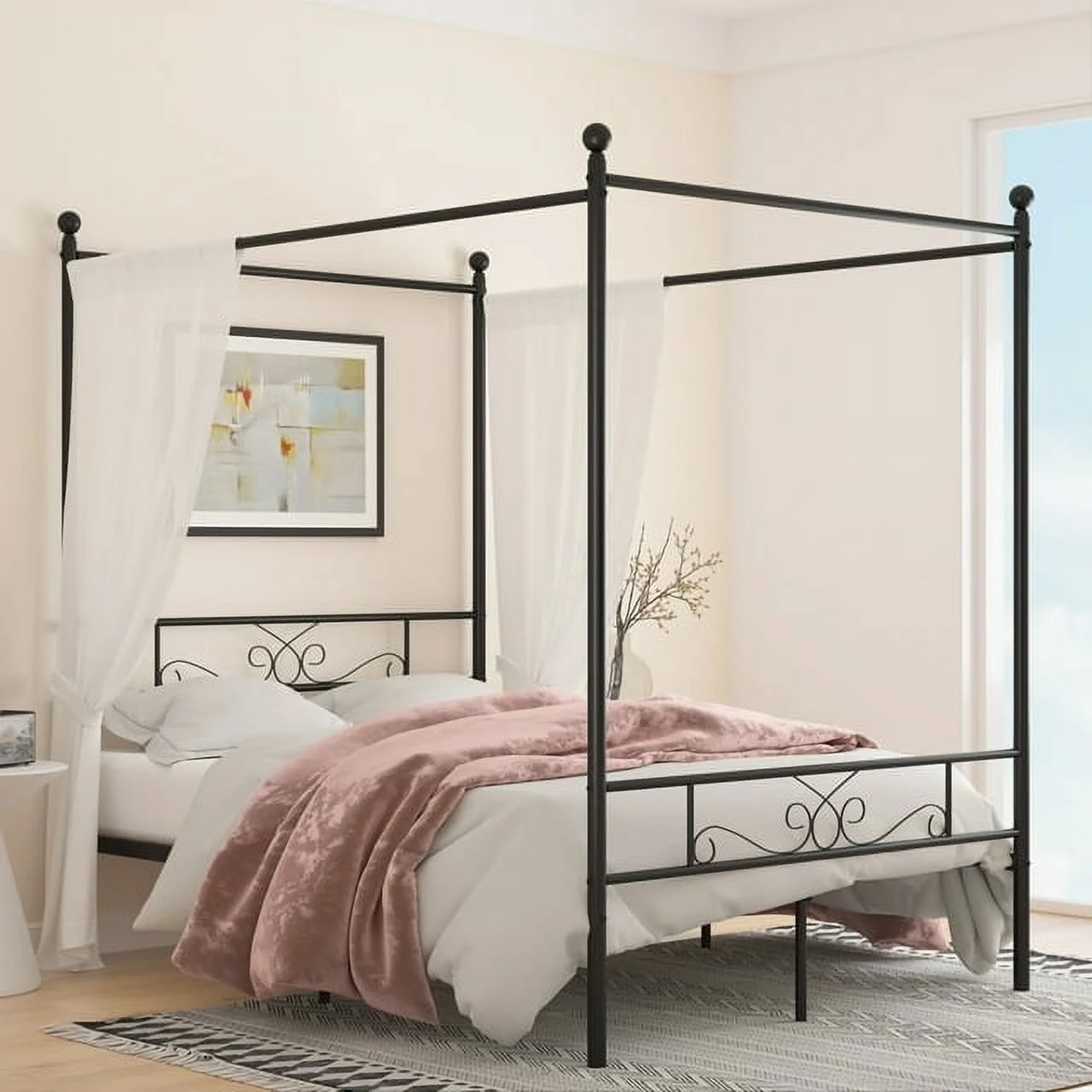 Yoneston Queen Canopy Platform Bed with Vintage Line Pattern Headboard & Footboard, Sturdy Metal Bed Frame for Apartment Hotel House, Black