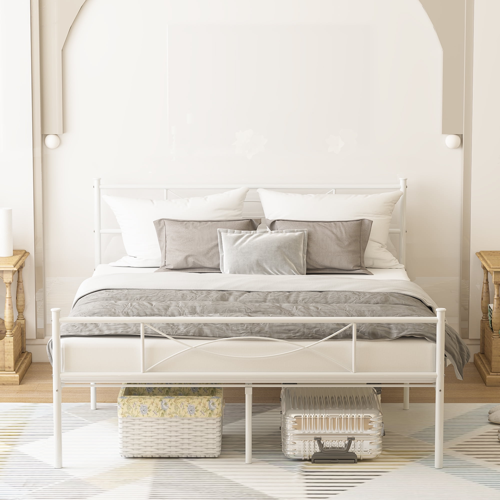 Yoneston Queen Size Metal Bed Frame Bedroom Mattress Platform Foundation with Headboard