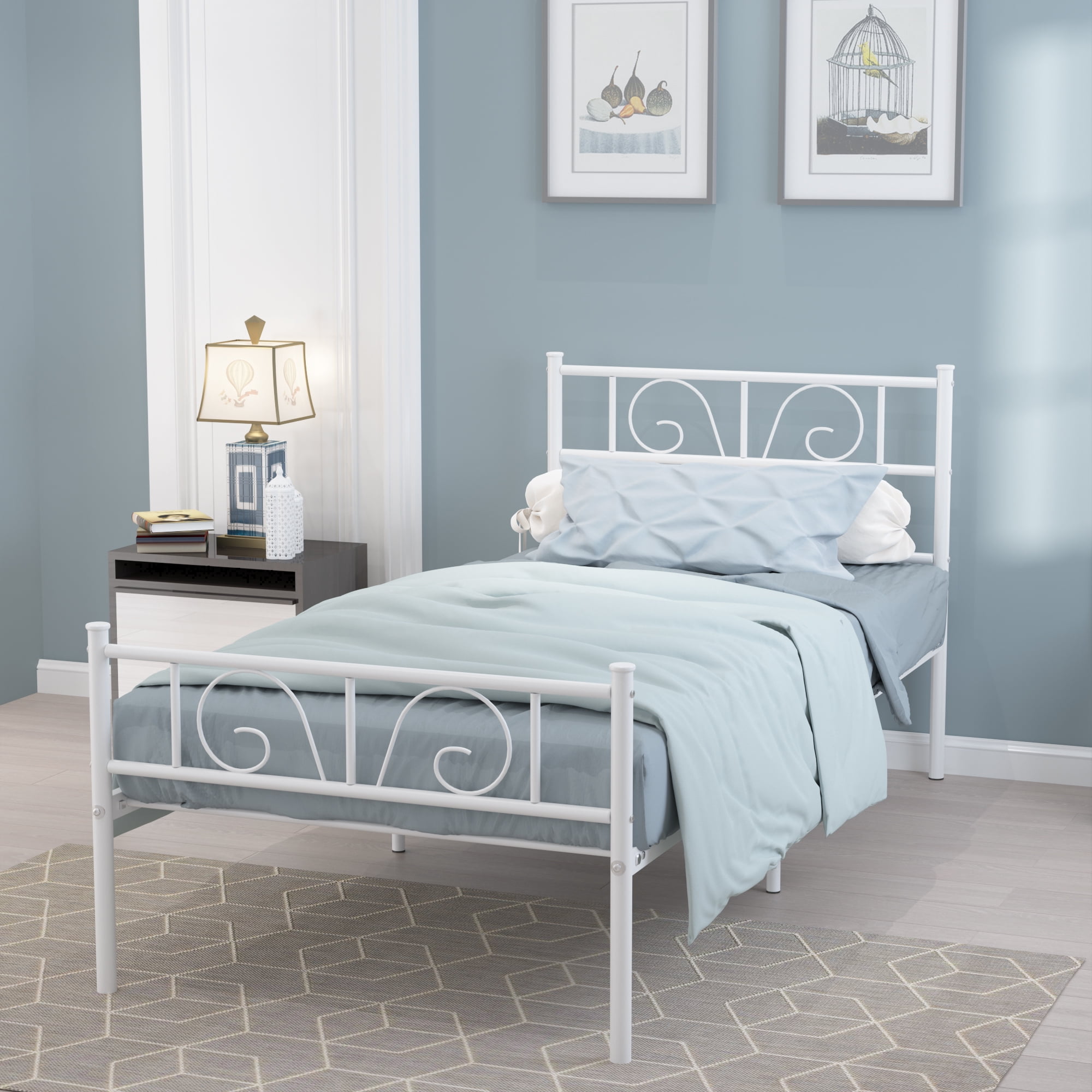 Yoneston Twin Metal Platform Bed with Elegant Pattern Headboard, Heavy Duty Bed Frame Foundation No Box Spring Needed, White