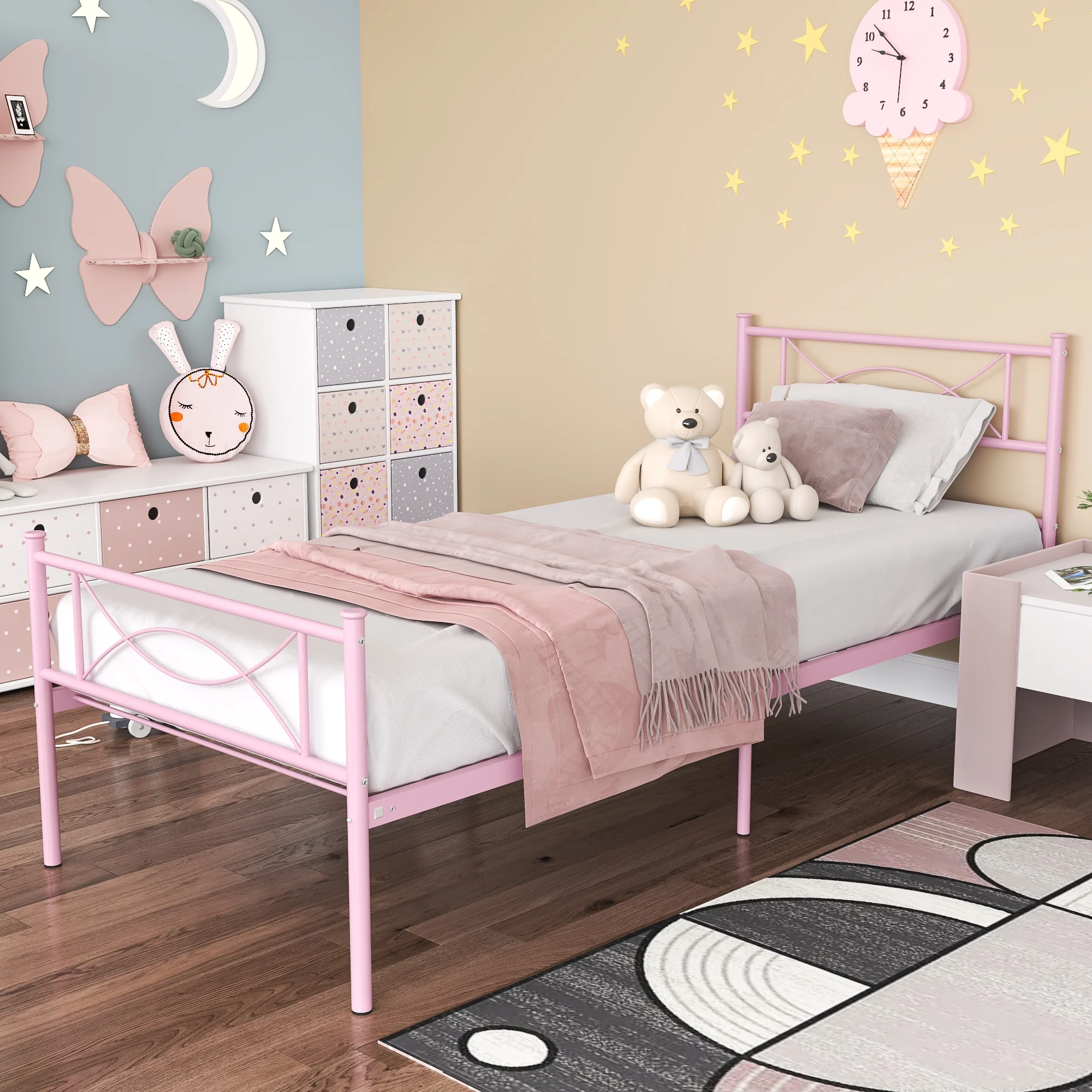 Yoneston Twin Metal Platform Bed Frame for Girls Single Bed Frame Mattress Foundation with Headboard & Footboard for Kids, Teens, Pink