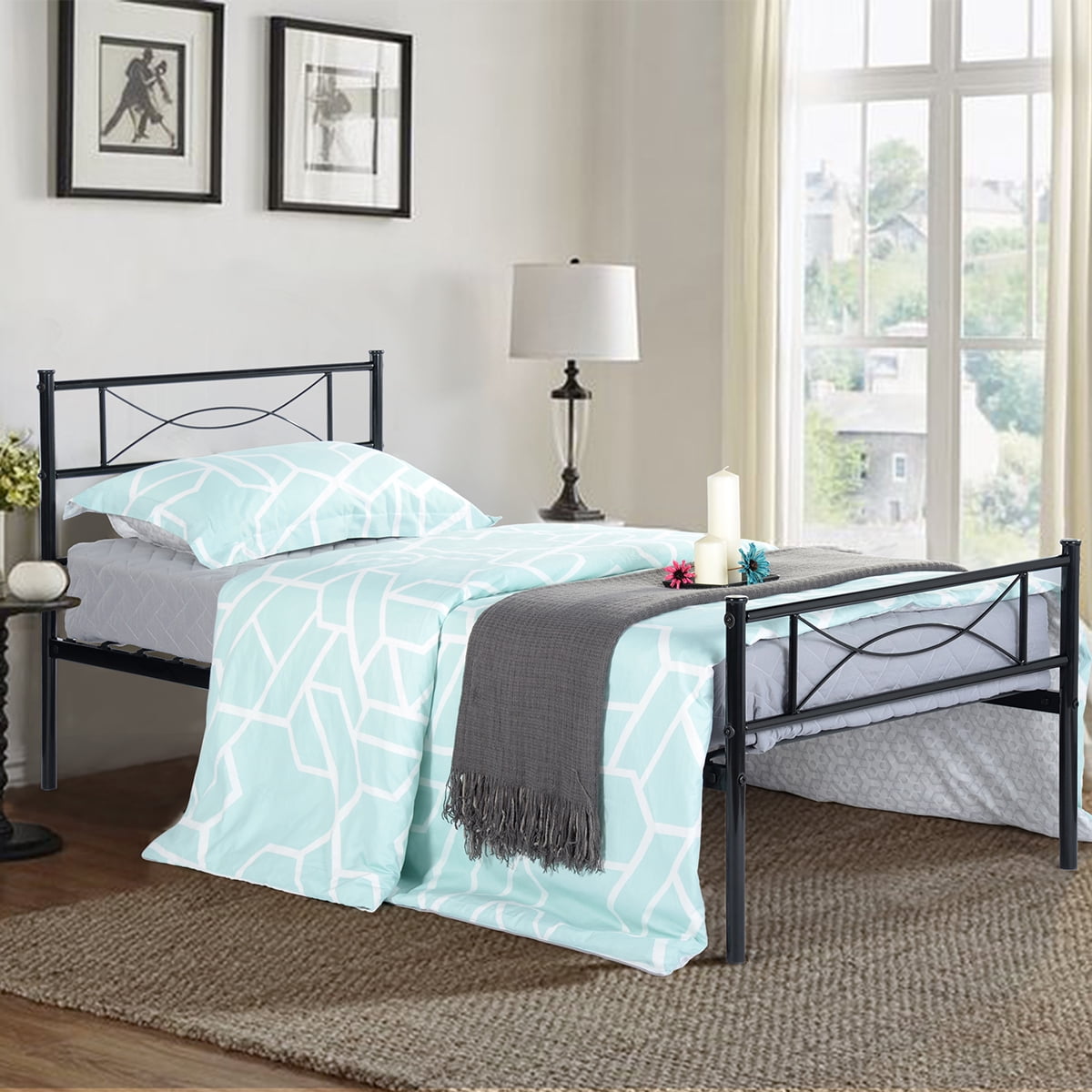 Yoneston Twin Size Metal Bed with Screw Set and Instruction, Black