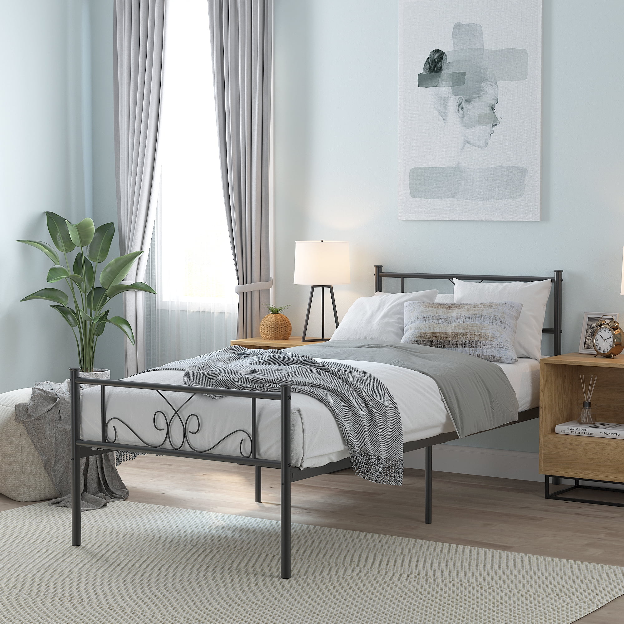 Yoneston Twin Size Metal Platform Bed Frame with Headboard for Kids and Teens Bedroom Furniture, Black