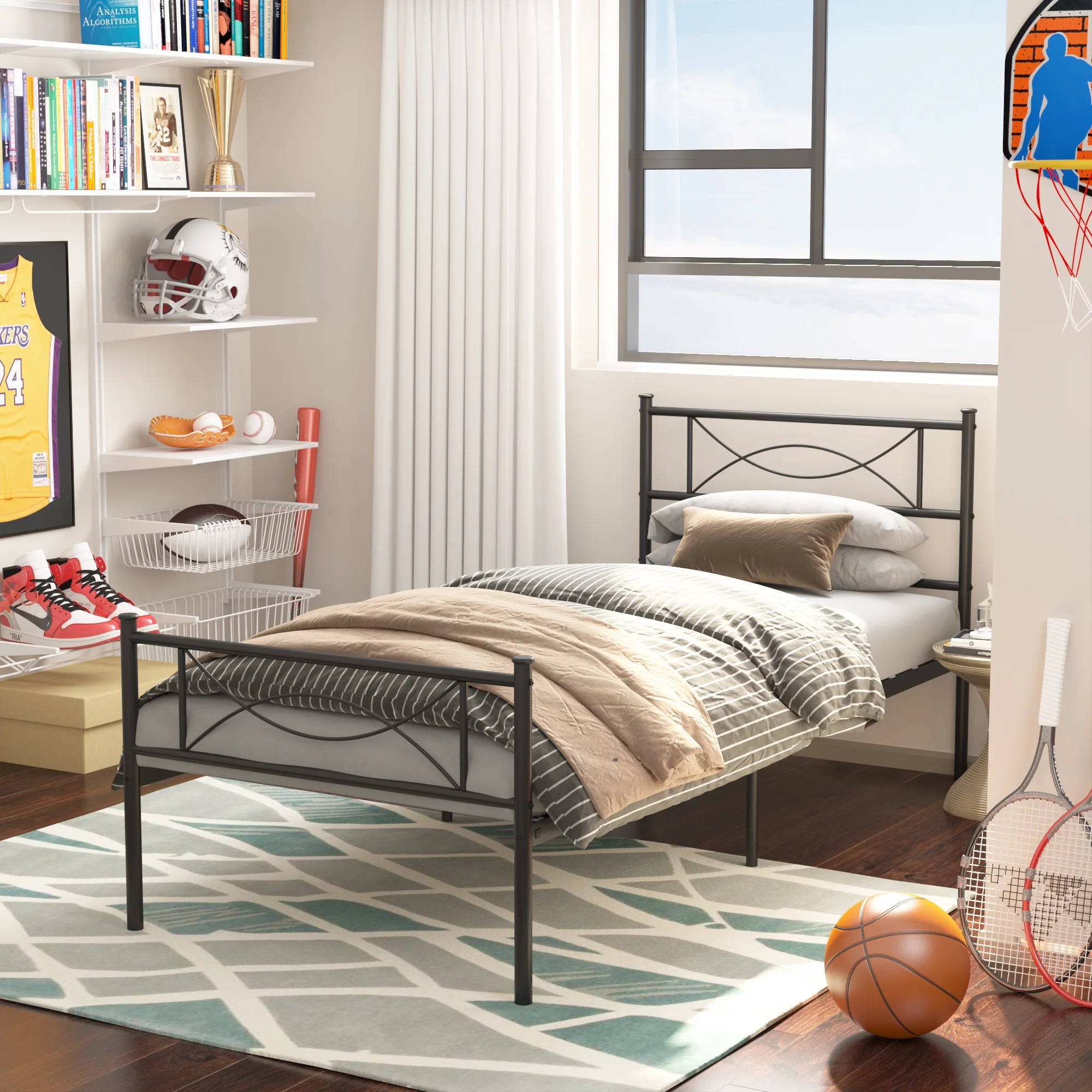 Yoneston 12.7" High Metal Platform Bed Frame with Two Bowknot Headboards Easy Assembly Twin Size Single Bed Frame for Kids