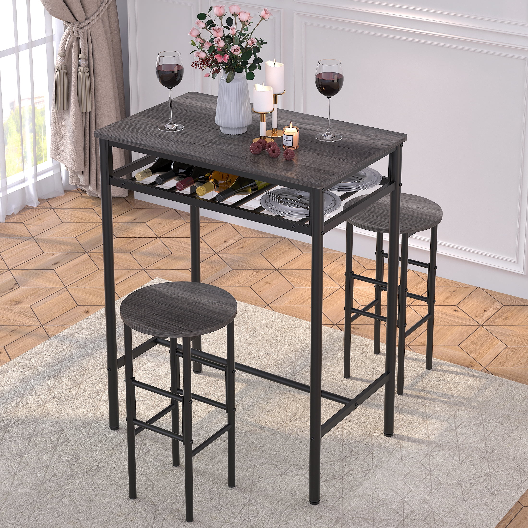 Yoneston 3-Piece Bar Table Set, Metal Wood Counter Height Dining Table Set Kitchen Pub Bistro Table with 2 Stools, Black Oak