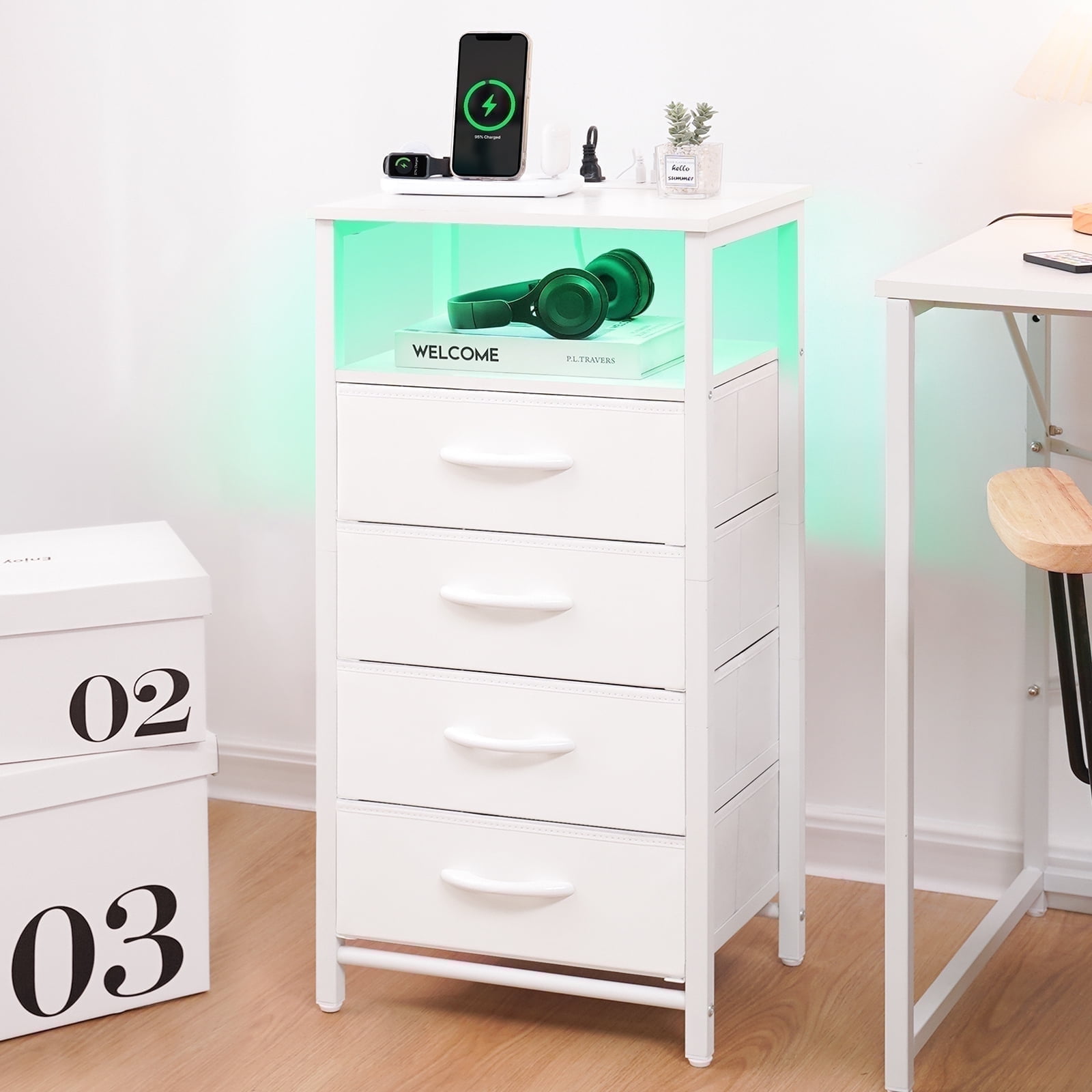 Yoobure Night Stand with Charging Station, Led Nightstand with USB Ports and Outlets, End Table with 4 Fabric Drawers and Storage Shelf, Bedside Tables Small Dresser for Small Space and Dorm