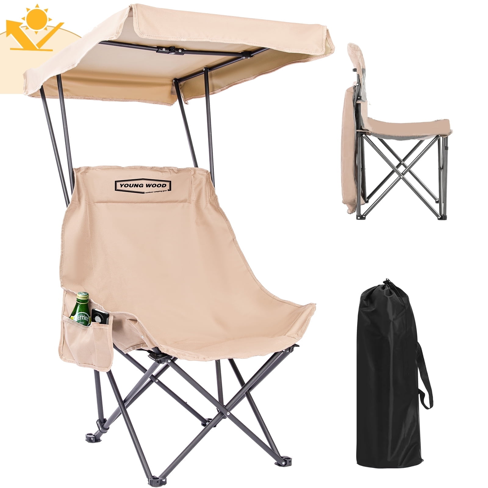 Young Wood Portable Camping Chair with Shade Canopy and Side Pocket Design, Khaki, 1pc