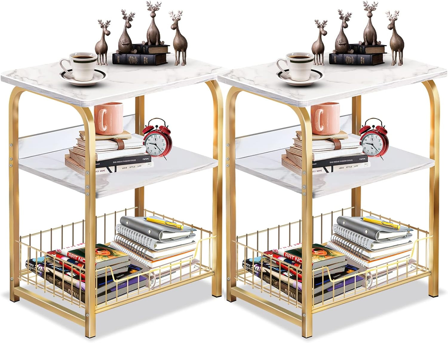 aboxoo End Table 2PC Side Table 3 Tiers White Marble Nightstand Industrial Retro Storage Shelf for Living Room Bedroom Kitchen Family and Office,Stable Wood and Metal Frame