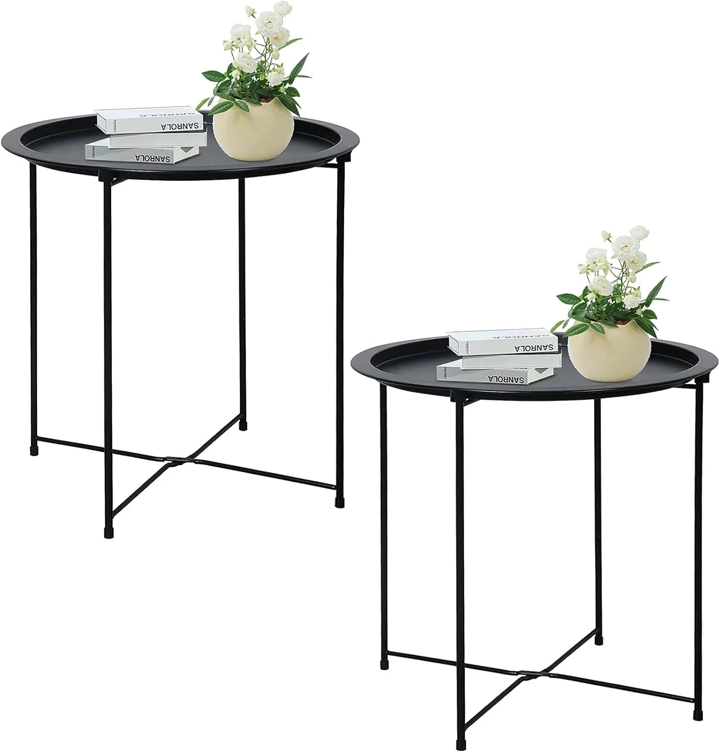 aboxoo Folding Tray Metal Side Table 2PC Black Round End Table Cyan Sofa Small Accent Fold-able Table, Round End Table Tray, Next to Sofa Table, Snack Table for Living Room and Bed Room
