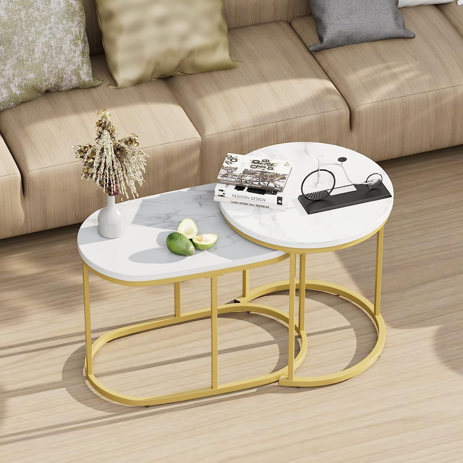 aboxoo Nesting Coffee Table Set of 2 Modern Round White Marble Wood Table,Side Table Gold Metal Frame Oval End Table Small Space for Living Room,Bedroom,Studio Apartment Essential