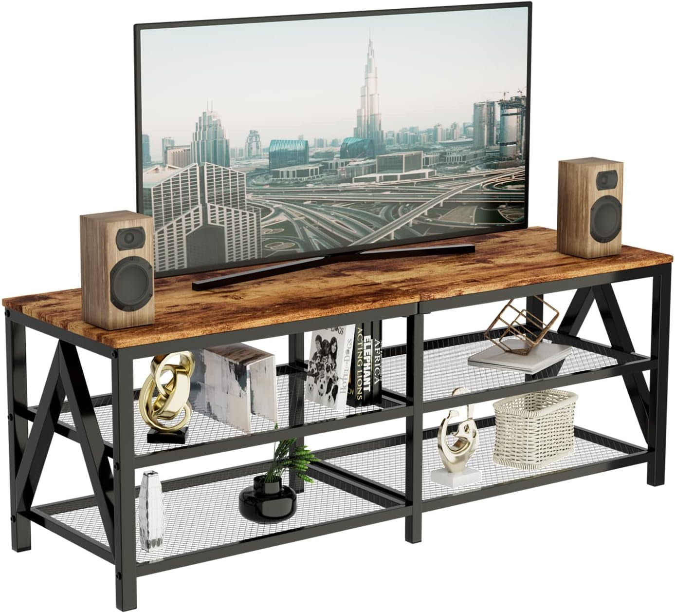 aboxoo TV Stand for 60 65 Inch TV, Long 55" Entertainment Center 3-Tier TV Console Steel Frame Industrial Style TV Cabinet with Metal Frame for Living Room, Rustic Brown Wooden and Black