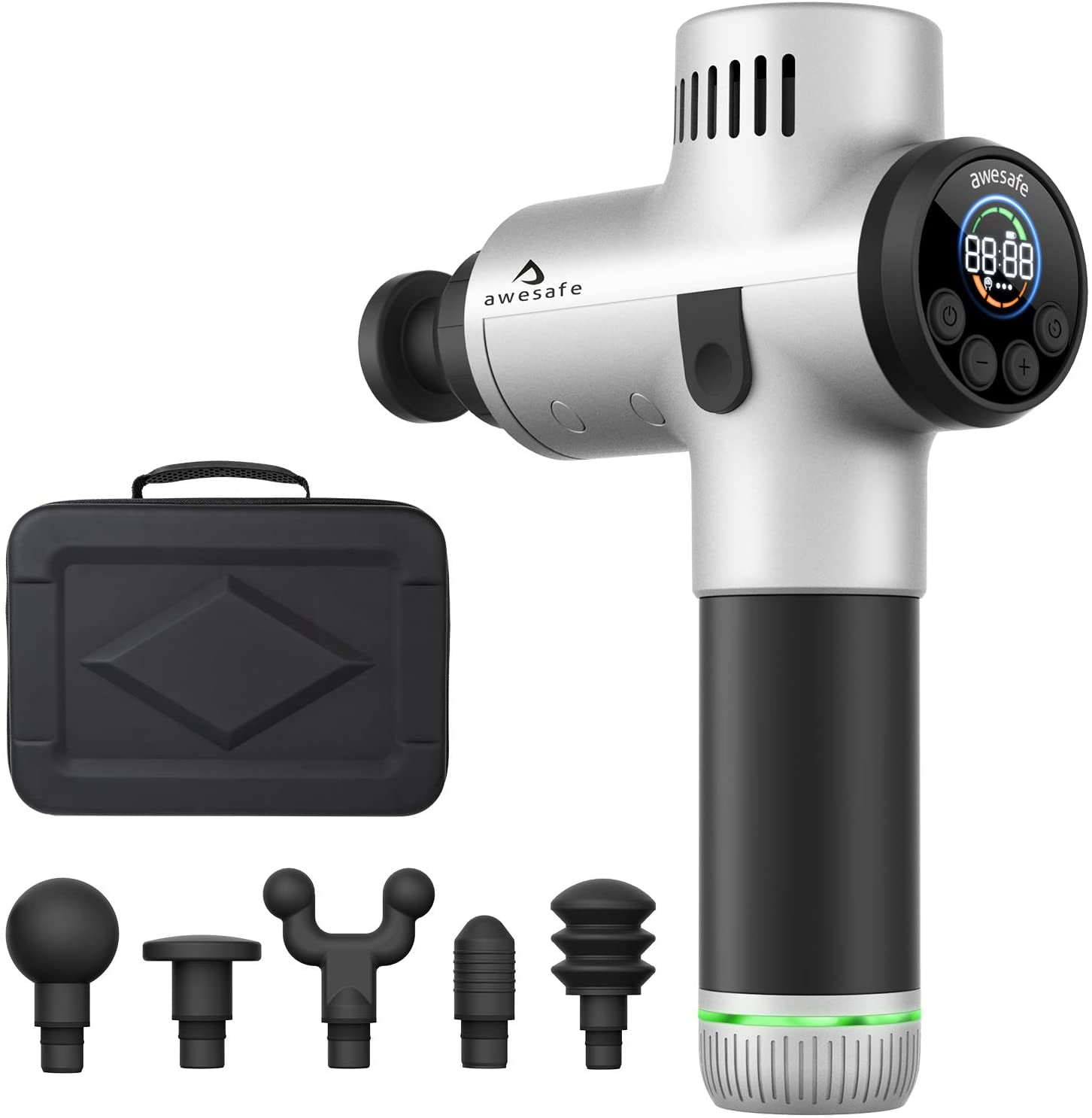 awesafe Massage Gun Handheld Deep Tissue Percussion Muscle Massager for Pain Relief Electric Body Massager with Quiet Brushless Motor, 4 Speeds, LCD Screen and 5 Types of Massage Heads