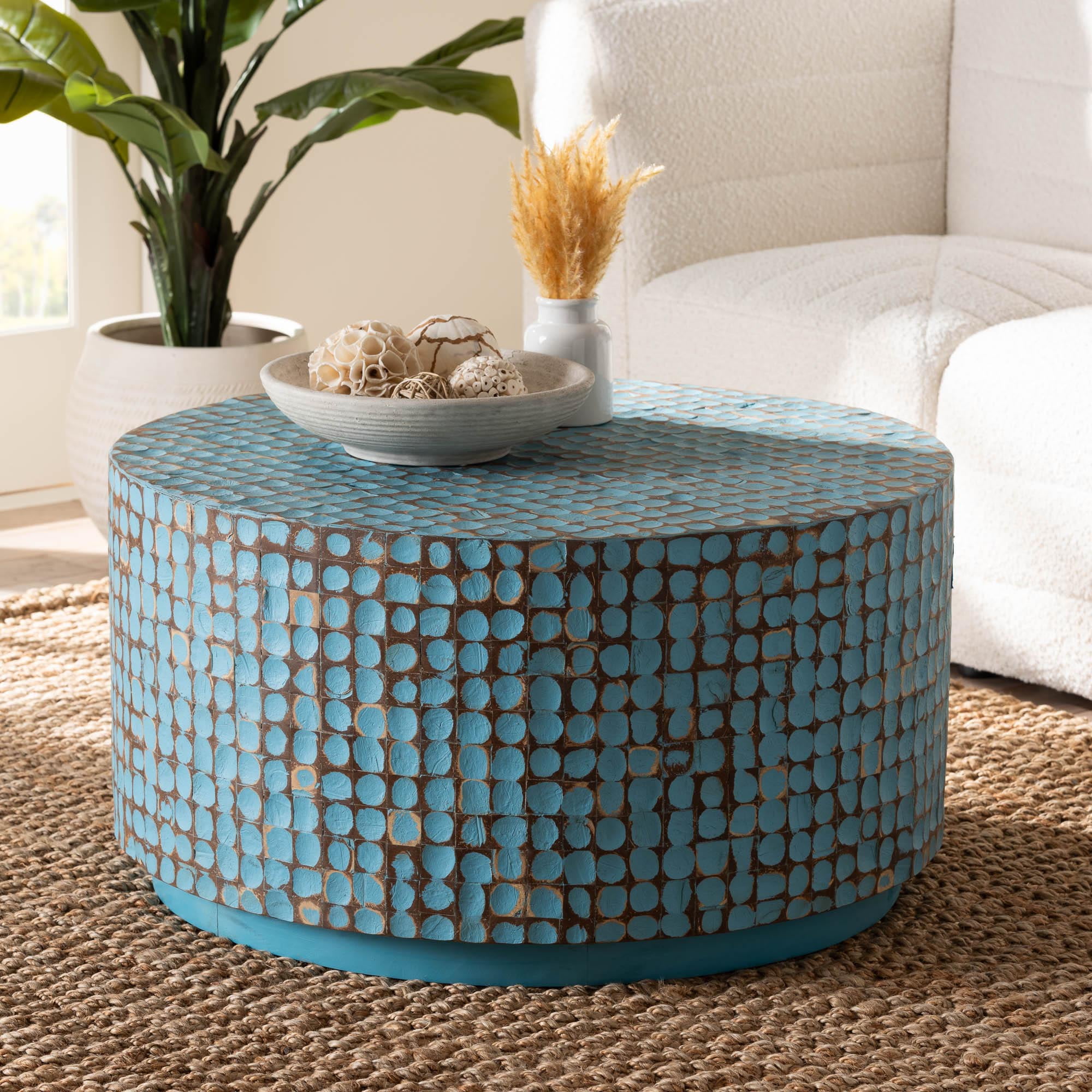 bali & pari Lightweight Round Coconut Shell Coffee Table, Sky Blue