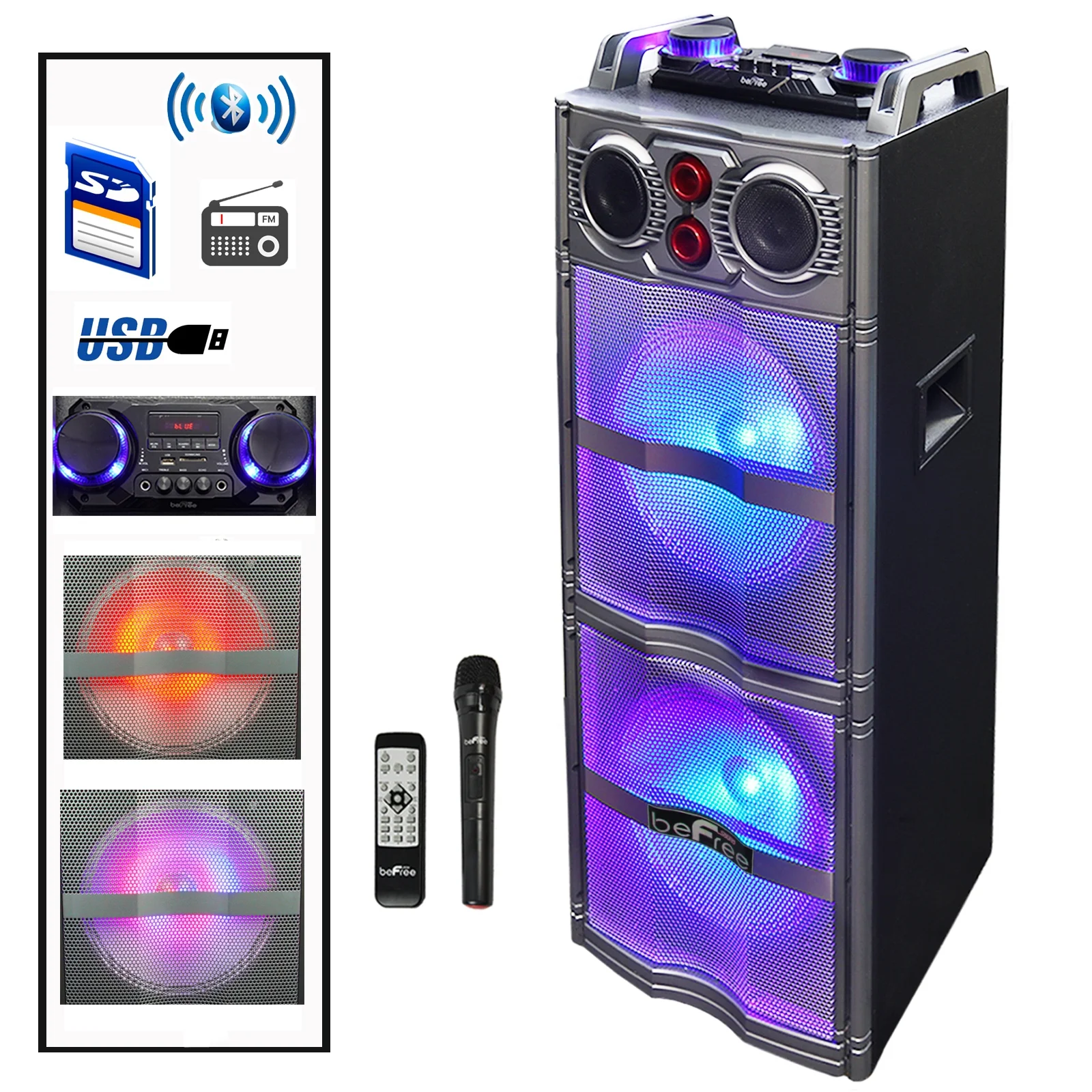 beFree Sound Double 10 Inch Subwoofer Bluetooth Portable Party Speaker with Reactive Lights, USB/ SD Input, FM Radio, Remote Control and Microphone