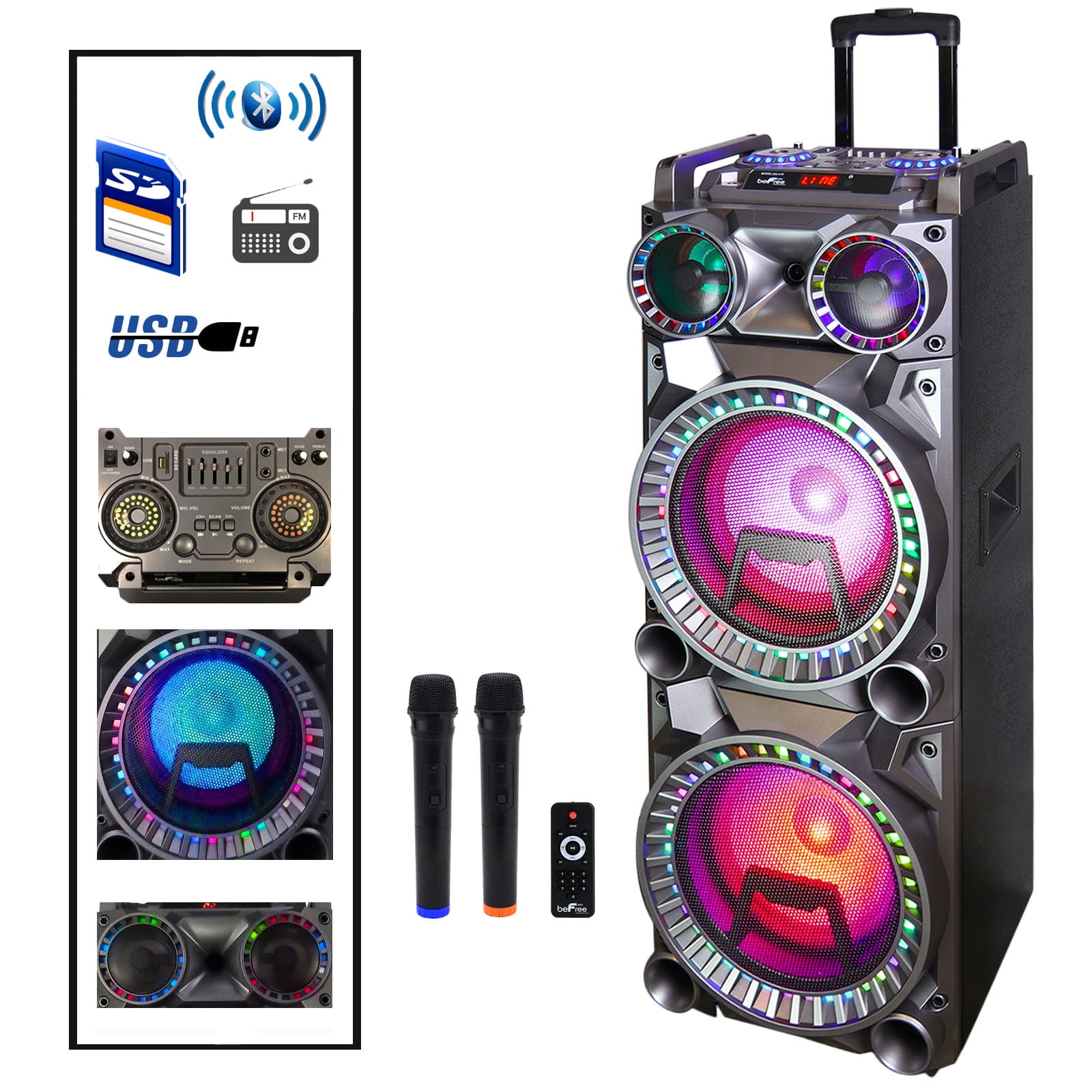 beFree Sound Dual 10 Inch Subwoofer BT Portable Party Speaker with Sound Reactive Party Lights, USB/ SD Input, Battery, Remote Control And 2 Wireless Microphones